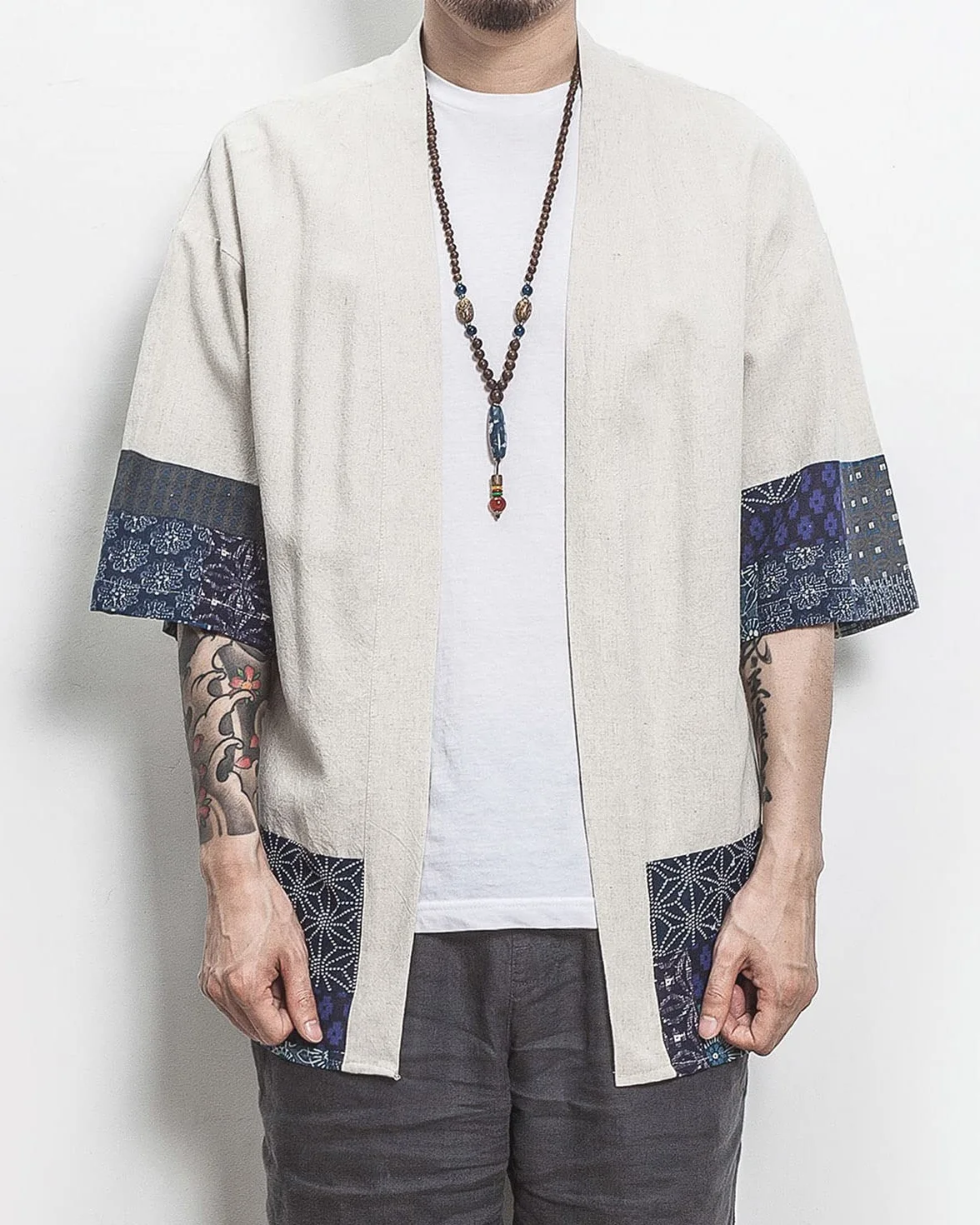 Męskie japońskie kimono kardigan luźny bawełniany len rękaw 3/4 otwarty przód na co dzień letnia koszula kurtki