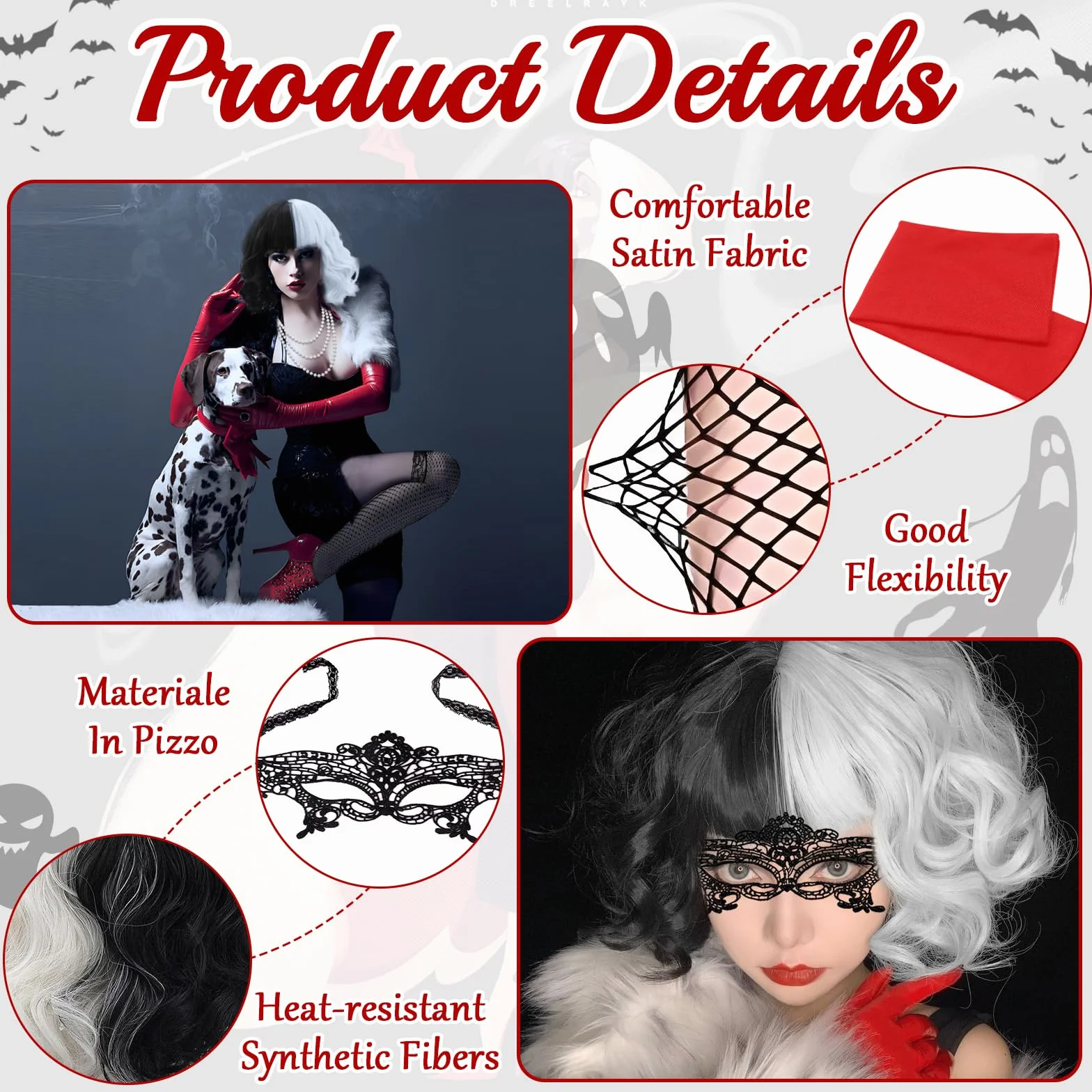 9 sztuk Cruella Zestaw cosplay dla kobiet, czarna i biała peruka, diabelski strój z peruką, maską, perłami, bransoletkami, rękawiczkami, szalikiem, papierosem i siatkowymi rajstopami na karnawał