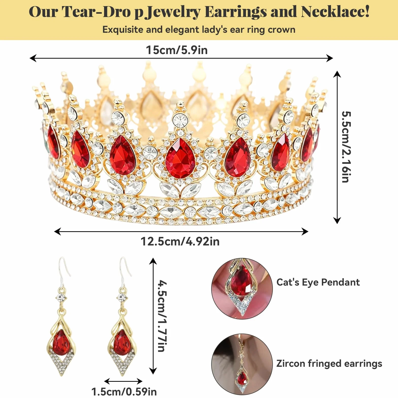 Złota korona dla kobiet, kolczyki z kryształkami, vintage barokowa tiara koronowa, imitacja błyszczącej kryształowej tiary dla dziewcząt i kobiet ślub przyjęcie urodzinowe
