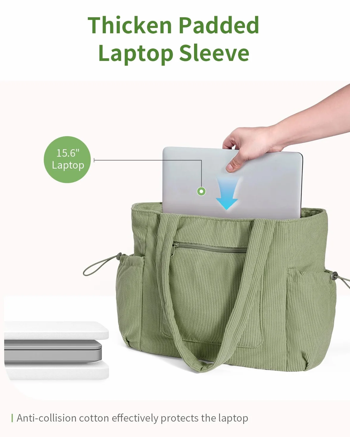 ECOHUB Cord Shopper damska duża torba z zamkiem błyskawicznym, torba robocza z kieszenią na laptopa o przekątnej ekranu 15,6", duża torebka do szkoły, na uczelnię, do biura, na co dzień, w podróż
