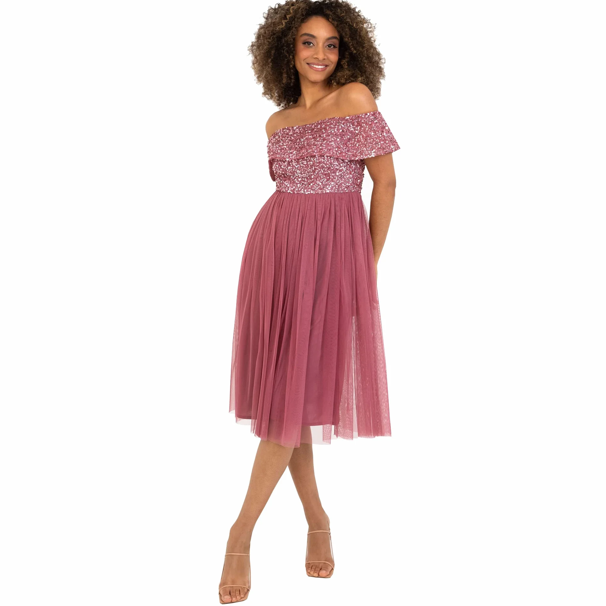 Maya Deluxe Ladies Bardot Dresses Women Midi High Empire Sequins Embellished Formalny wieczór na wesele dla gości sukienka druhny dla kobiet
