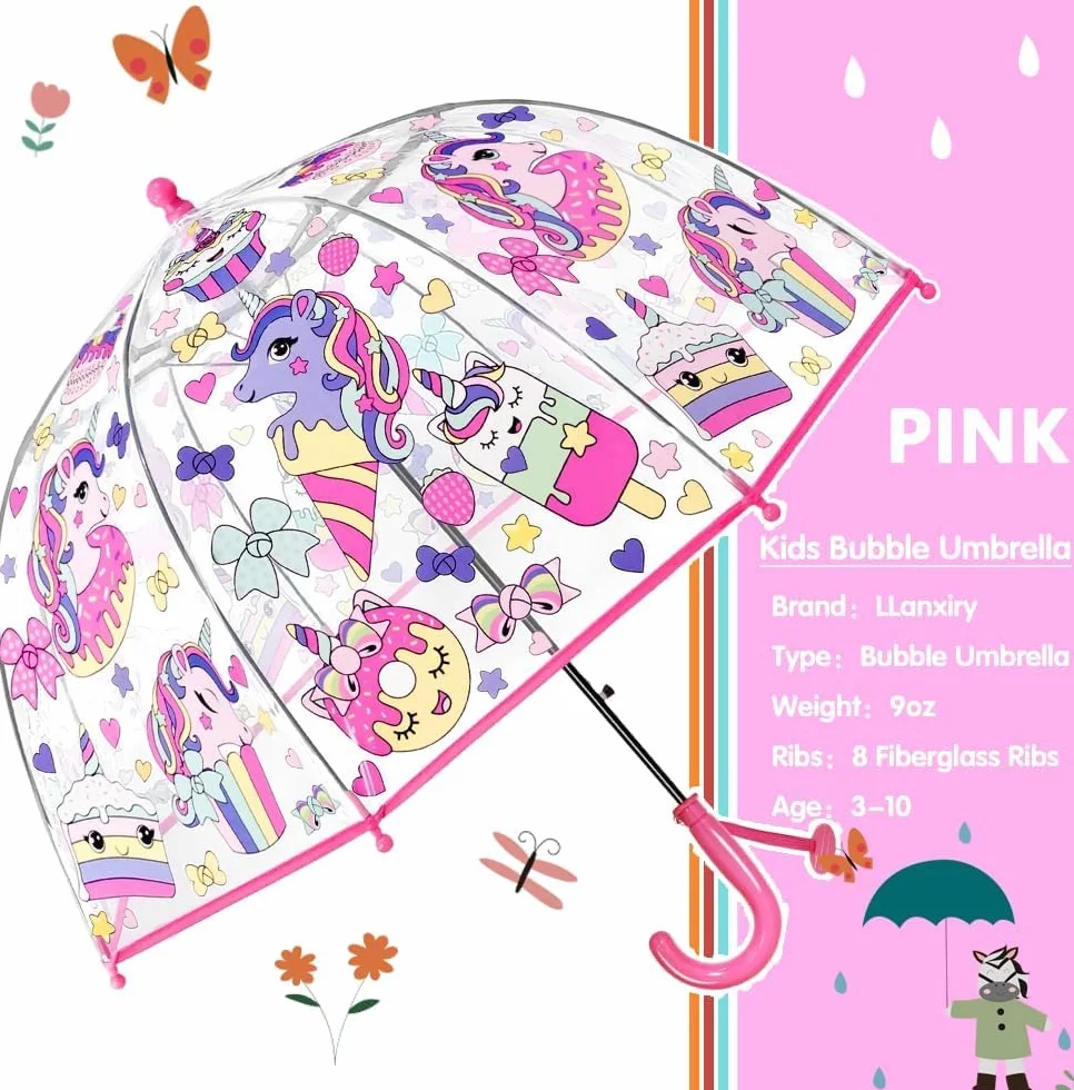 Rhomba przezroczysty parasol dla dzieci – lekki, słodki parasol dla dzieci z 8 włóknami, przezroczysty, idealny do biegania (różowy jednorożec)