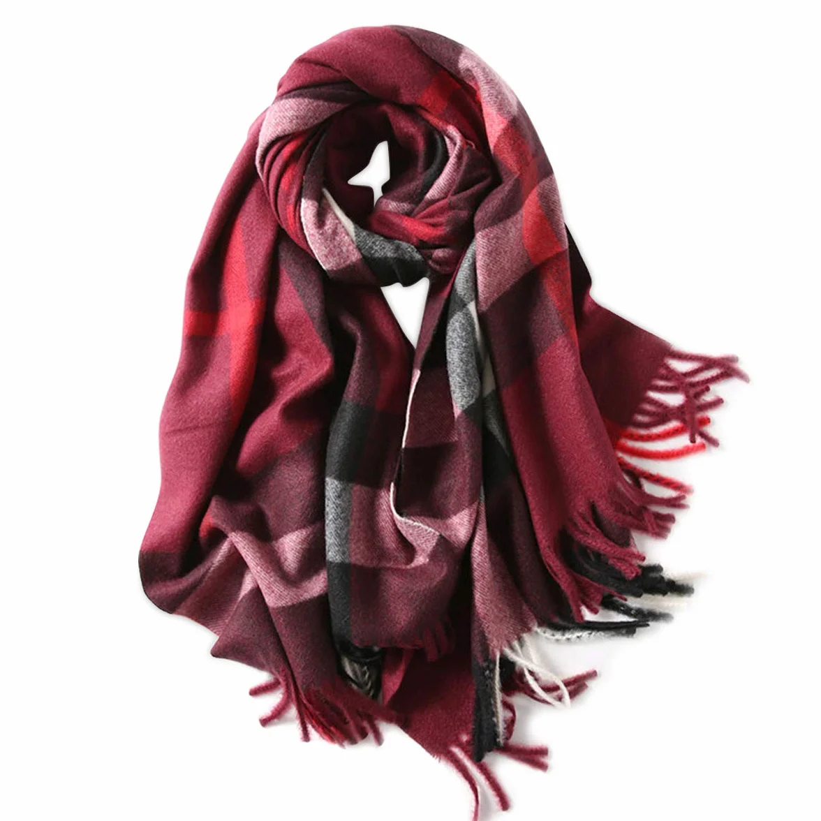 LumiSyne Zimowy senior w kratę kaszmirowy szalik z frędzlami dla kobiet mężczyzn oversize Tartan etola klasyczny wzór karo miękki i pogrubiony szal w kratkę Pashmina, czerwony (Weinrot), jeden rozmiar