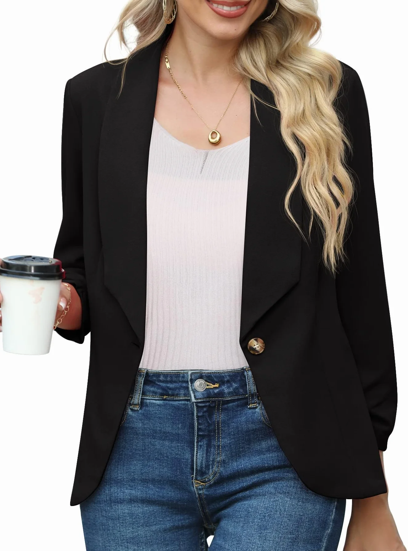 PrinStory Blazer damski 3/4, marszczone rękawy, marynarka biznesowa, do biura, marynarka sportowa, trencz