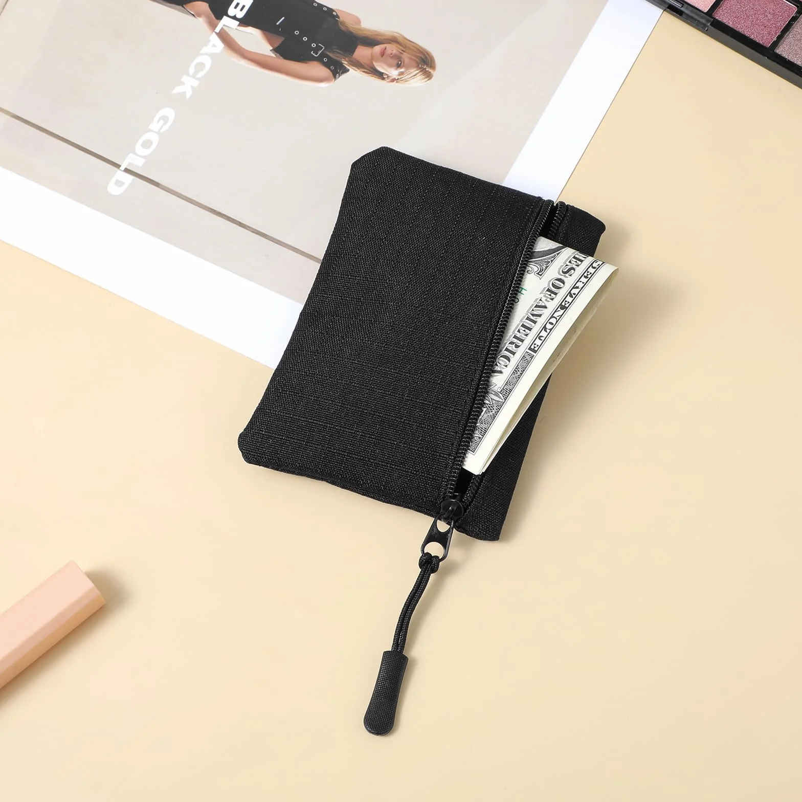 2 szt. Portmonetka Saszetka, Mini Torba Mały Portfel na Karty Kredytowe Etui na Zamek Błyskawiczny, Smukły Organizer Biznesowy, Czarny i szary, S, Klasyczny