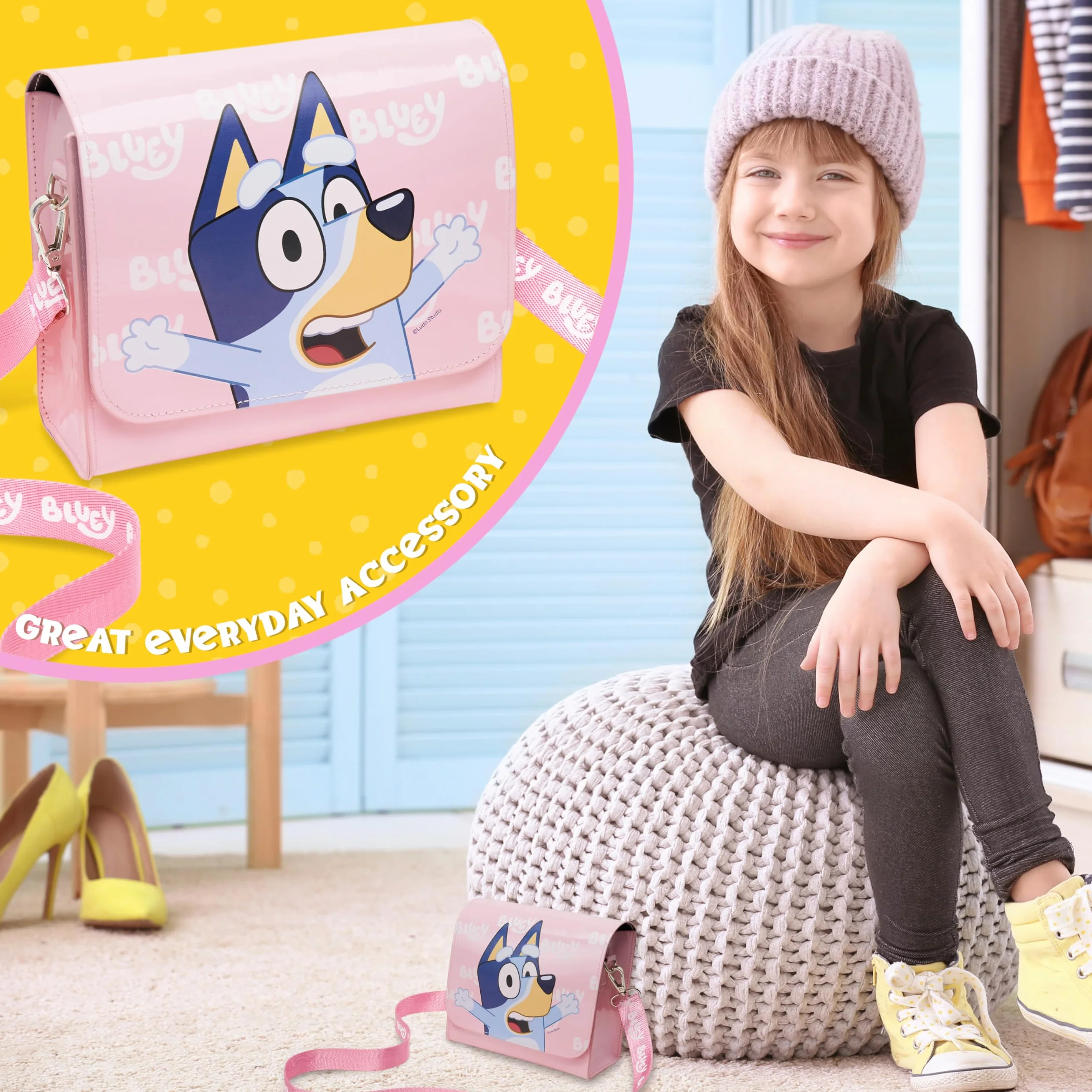 Bluey Dziewczęca torebka urocza torba na ramię crossbody dla dzieci regulowany pasek torebka na zakupy moda podróżna, prezenty dla dziewcząt, różowy, 7 x 6.3 x 2.8Inch