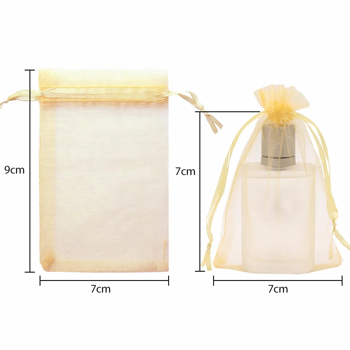 Leeyunbee 100 szt. Złote woreczki z organzy 7 x 9 cm woreczki z organzy, woreczki, na prezent, biżuteria, ślubne torebki na cukierki, na imprezę festiwalową i wesele, satynowy sznurek