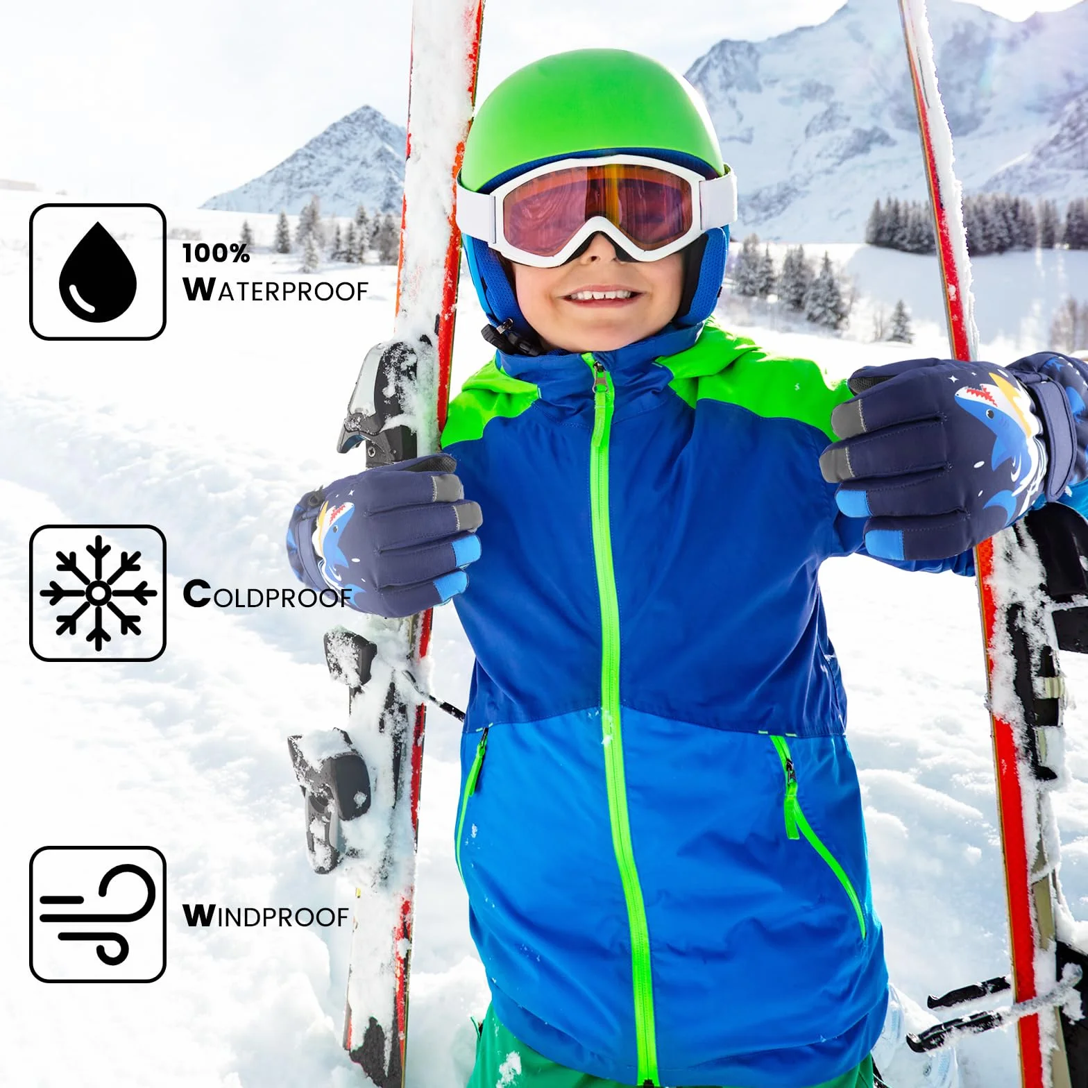 QKURT Dziecięce rękawice narciarskie, wodoodporne zimowe rękawiczki śnieżne, wiatroszczelne rękawice narciarskie do snowboardu, rękawice sportowe na świeżym powietrzu dla chłopców i dziewcząt w wieku