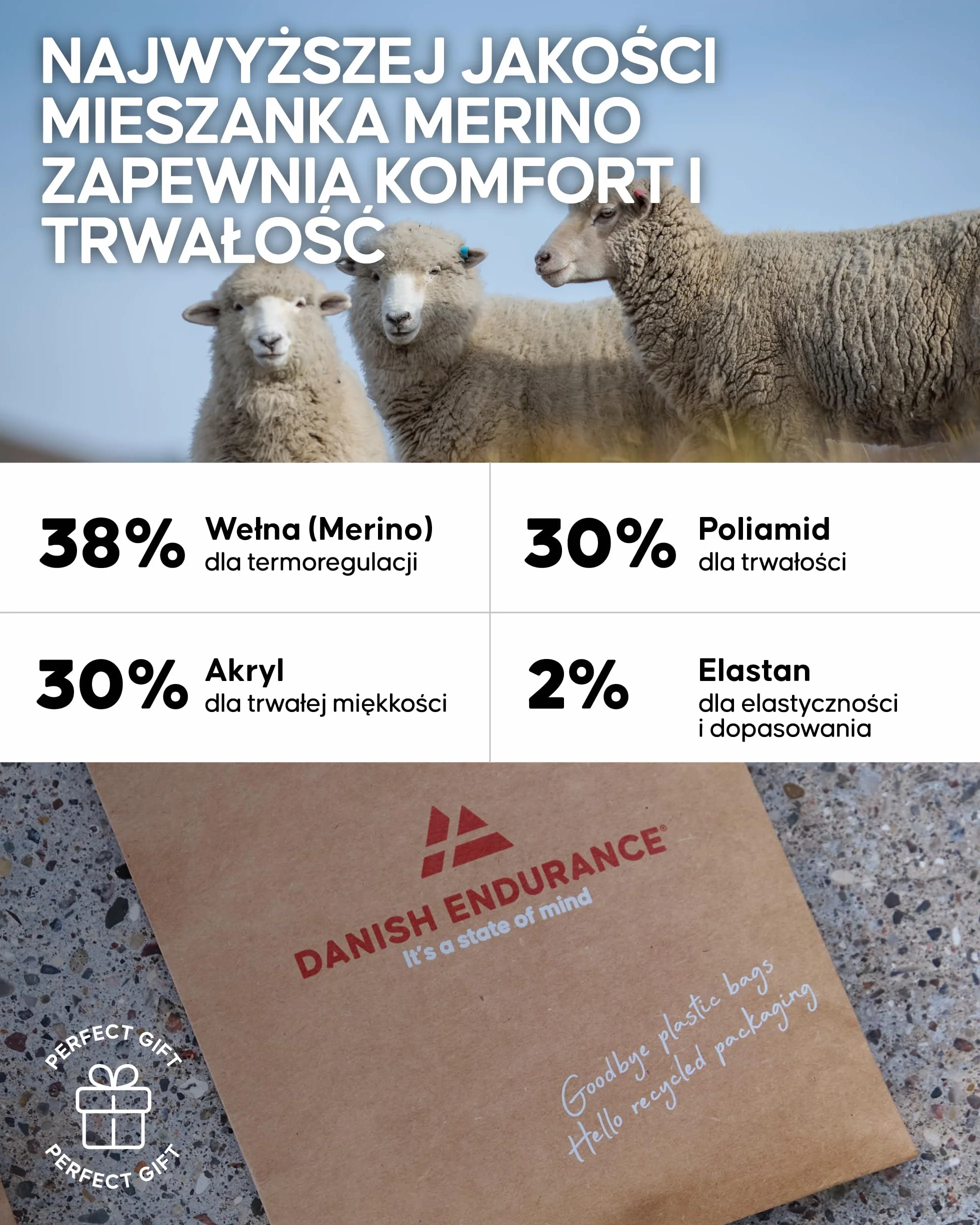 DANISH ENDURANCE Skarpety Trekkingowe, Lekkie Skarpety z Wełny Merino z Amortyzacją Przeciw Pęcherzom, dla Mężczyzn i Kobiet, Unisex
