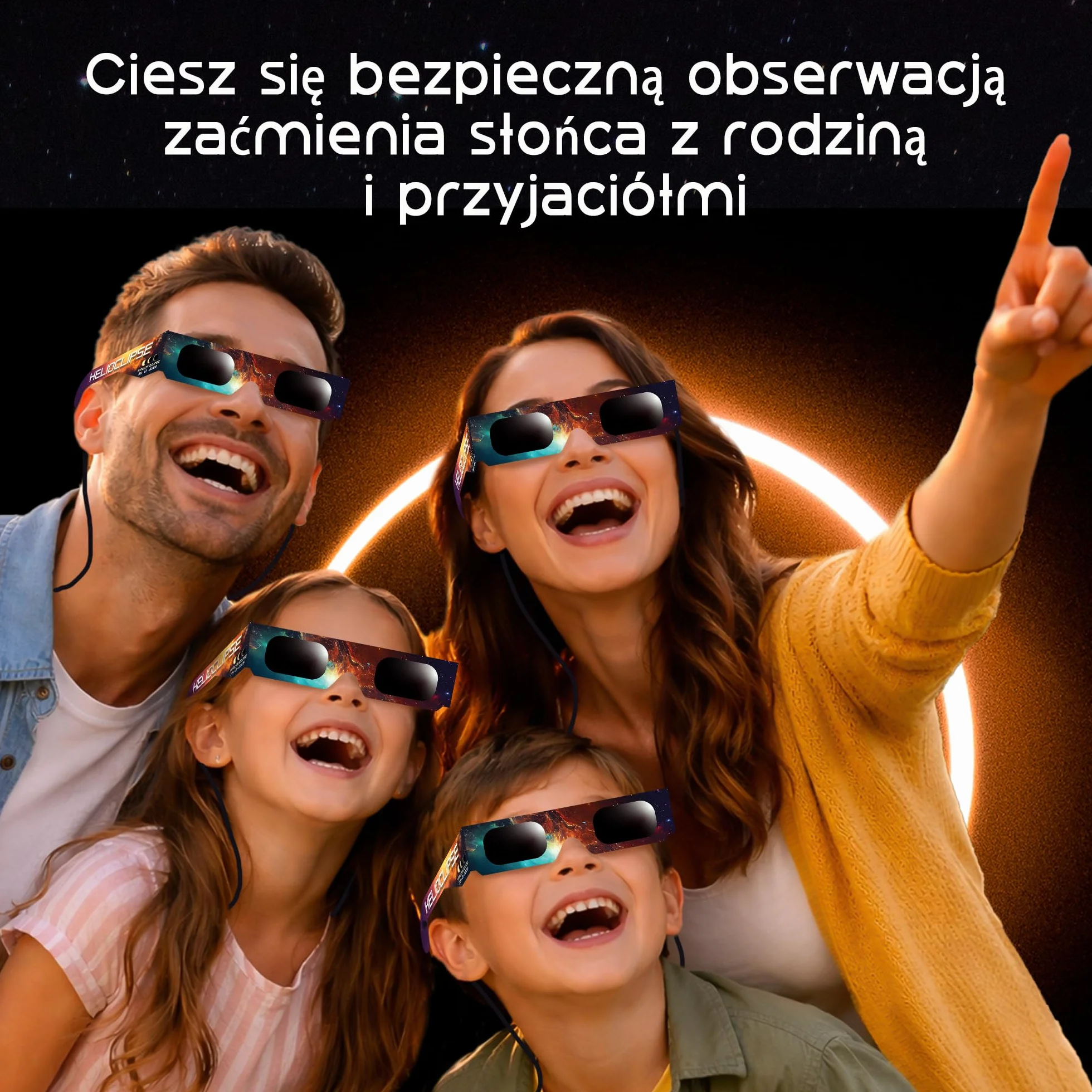 Okulary do oglądania zaćmienia Słońca Helioclipse 6 szt. 2026 - Przeznaczone do bezpiecznego oglądania zaćmienia Słońca - Zestaw 6 szt. - Bonus 1x filtr do telefonu