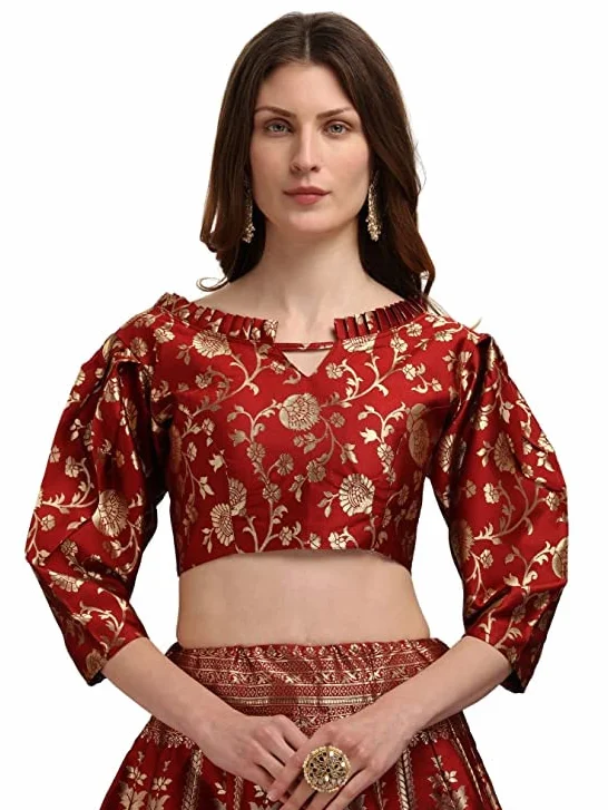 Damska sukienka żakardowa Lehenga Choli & Dupatta na wesele, dowolny rozmiar (Lehenga: częściowo szyta i bluzka: bez szycia)