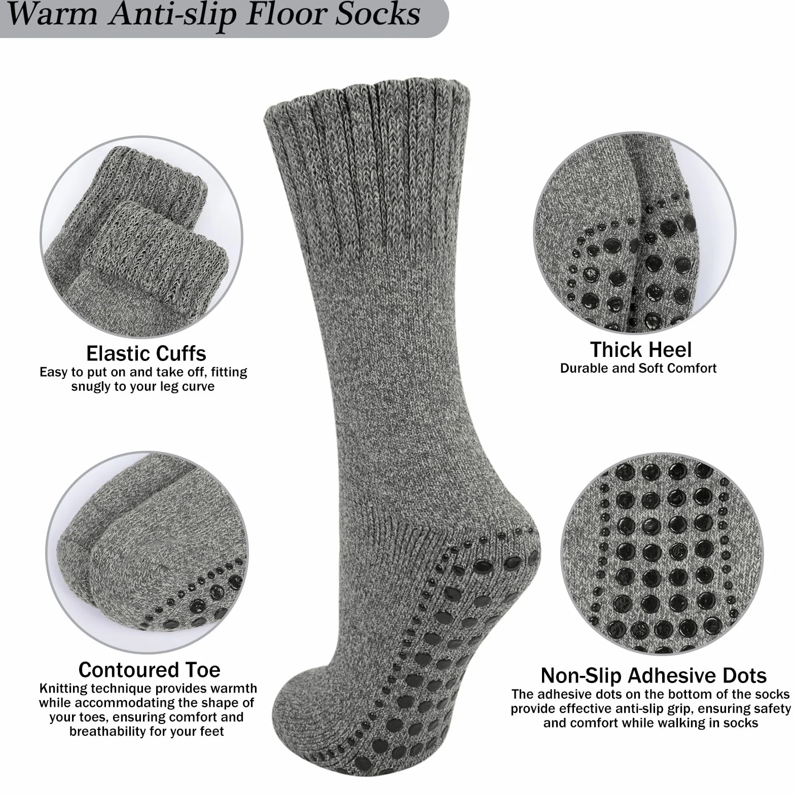 3-pak antypoślizgowych skarpet wełnianych z uchwytem, antypoślizgowe bawełniane skarpety zimowe dla mężczyzn i kobiet, grube skarpety do łóżka typu chunky slipper, antypoślizgowe skarpety z uchwytem