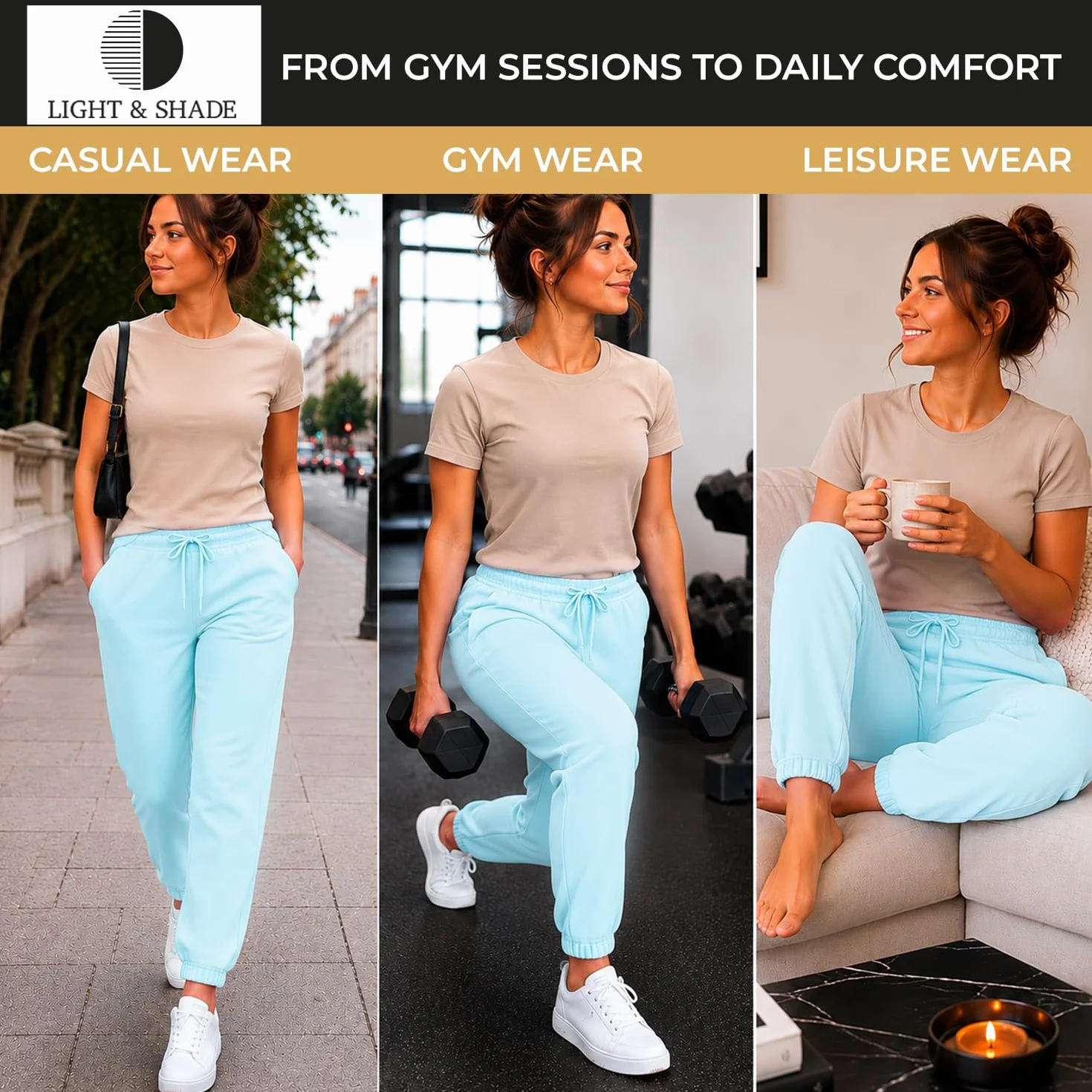 Light & Shade Damskie spodnie dresowe loungewear, miękkie w dotyku joggery do domu i na co dzień