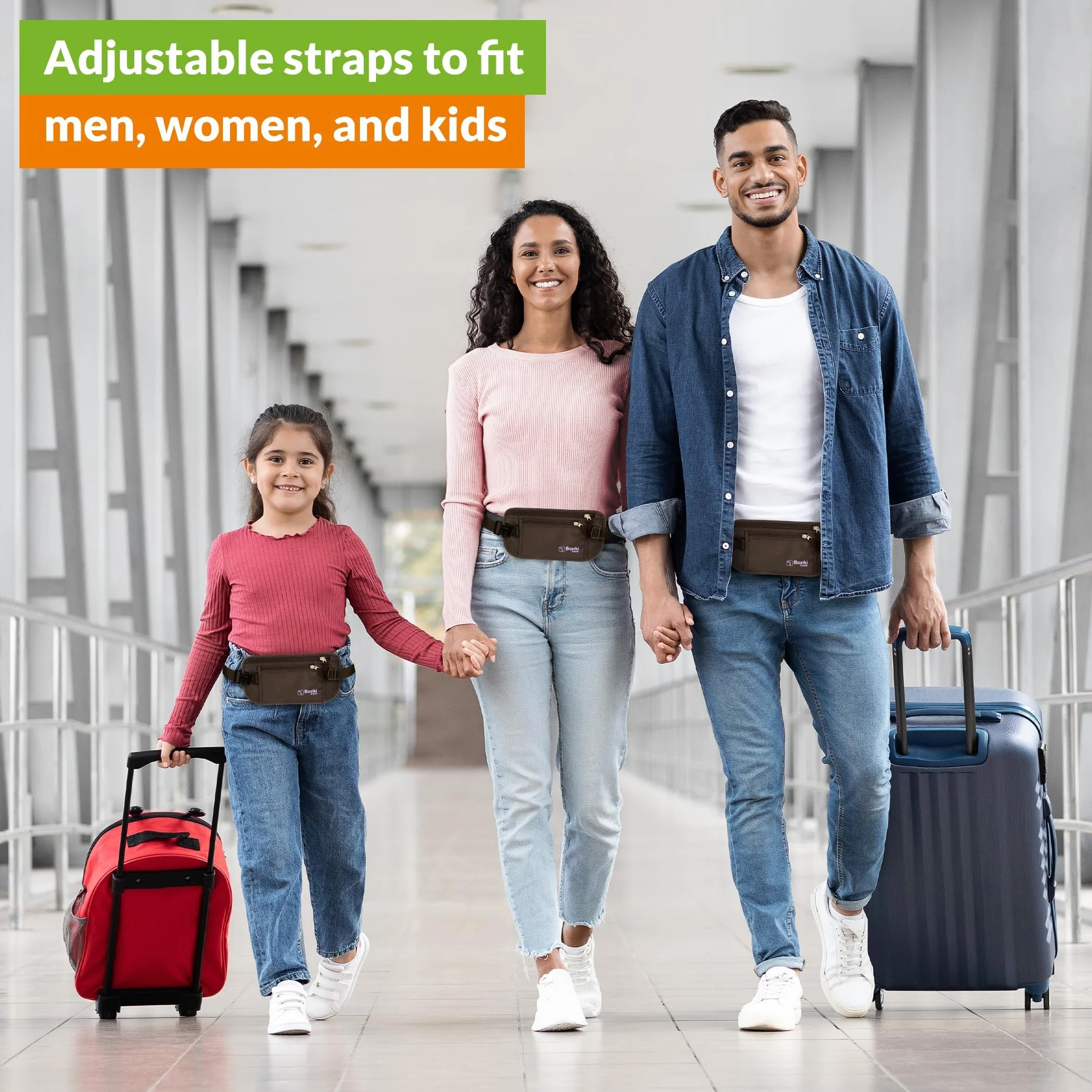 Boxiki Travel Ukryty pasek na pieniądze dla mężczyzn i kobiet – blokujący RFID saszetka w talii na paszport, portfel i telefon – bezpieczna i zabezpieczona podczas podróży, brązowy, Einheitsgröße