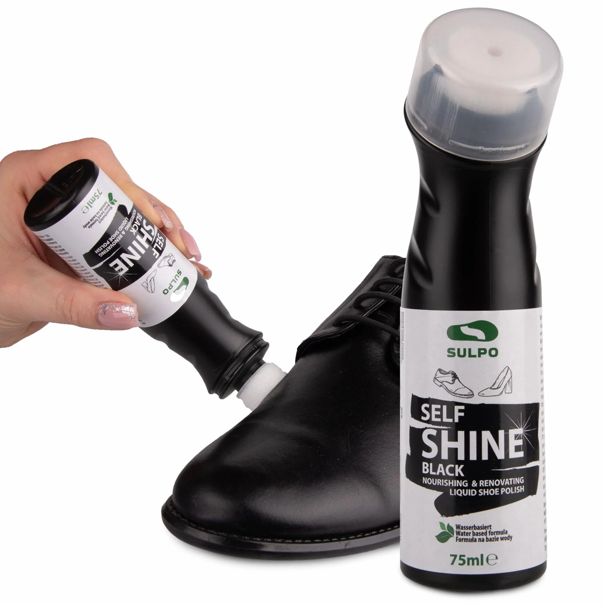 SULPO bezbarwna pasta do butów w butelce z aplikatorem - pasta nabłyszczająca do skór - płynna pasta do pielęgnacji skór - Self Shine Liquid Shoe Cream 75ml - samonabłyszczająca