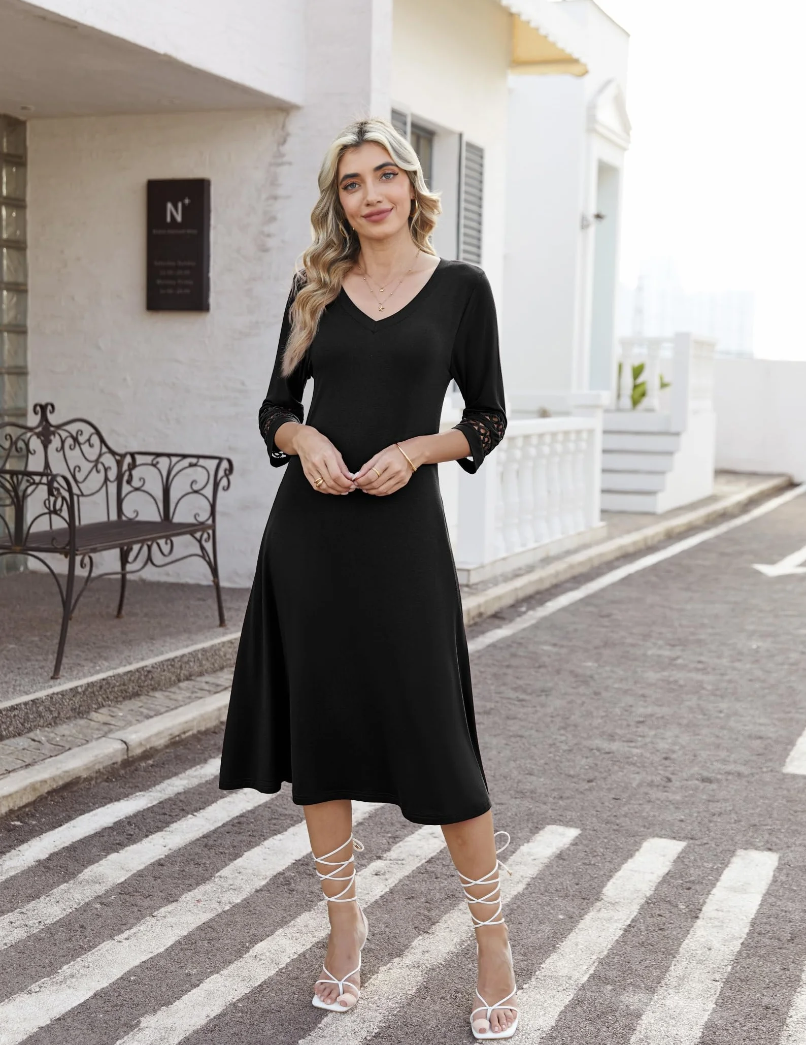 Zeagoo Letnia sukienka damska, elegancka, rękaw 3/4, sukienka midi, koronkowe rękawy, sukienka tunika, sukienka z kieszeniami, dekolt w serek, sukienka na czas wolny