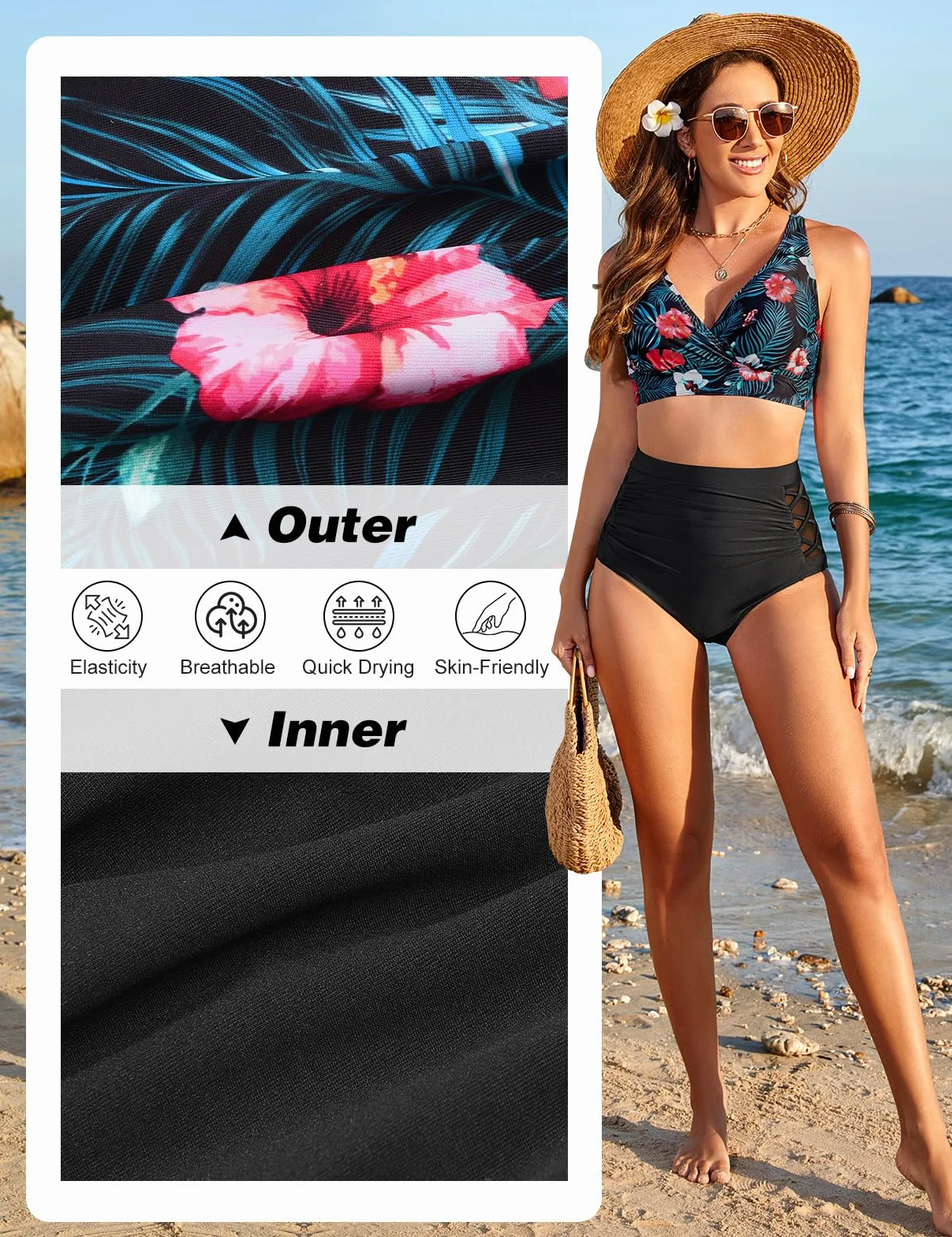 Tuopuda Zestawy bikini damskie stroje kąpielowe z dekoltem w serek plus size dwuczęściowy zestaw strój kąpielowy kontrola brzucha z wysokim stanem letnie bikini plażowe