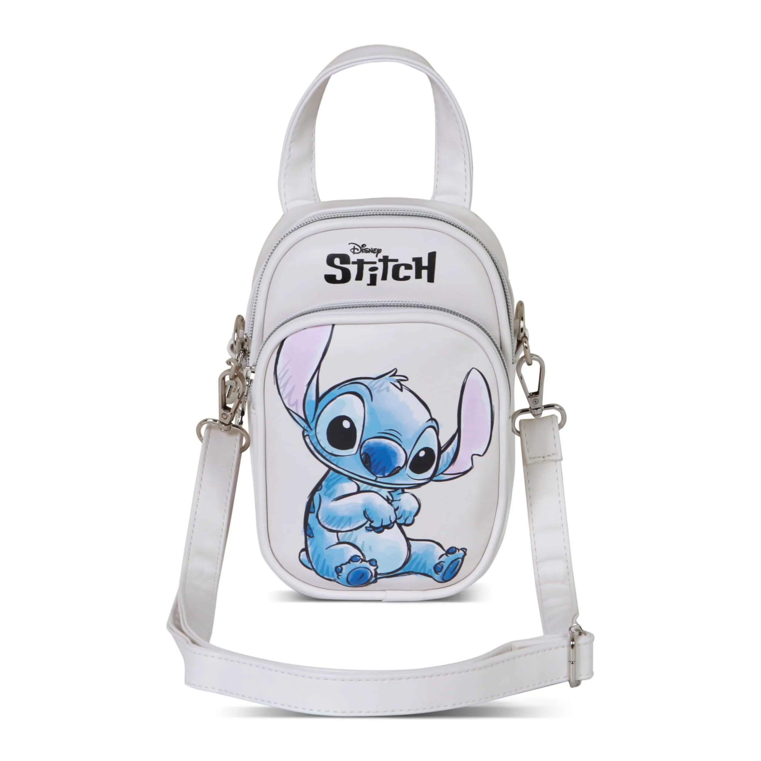 Disney Stitch mini torba na ramię z podwójną kieszenią - mała torebka damska 20 x 15 x 7 cm - kompaktowa beżowa konstrukcja z regulowanym paskiem i zamkami błyskawicznymi