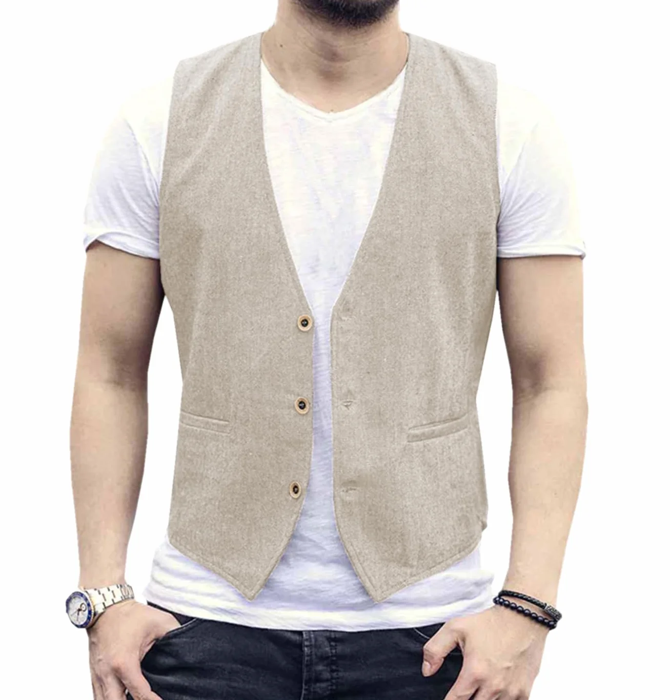 Męska Letnia Kamizelka Lniana Garniturowa Casual Regular Fit