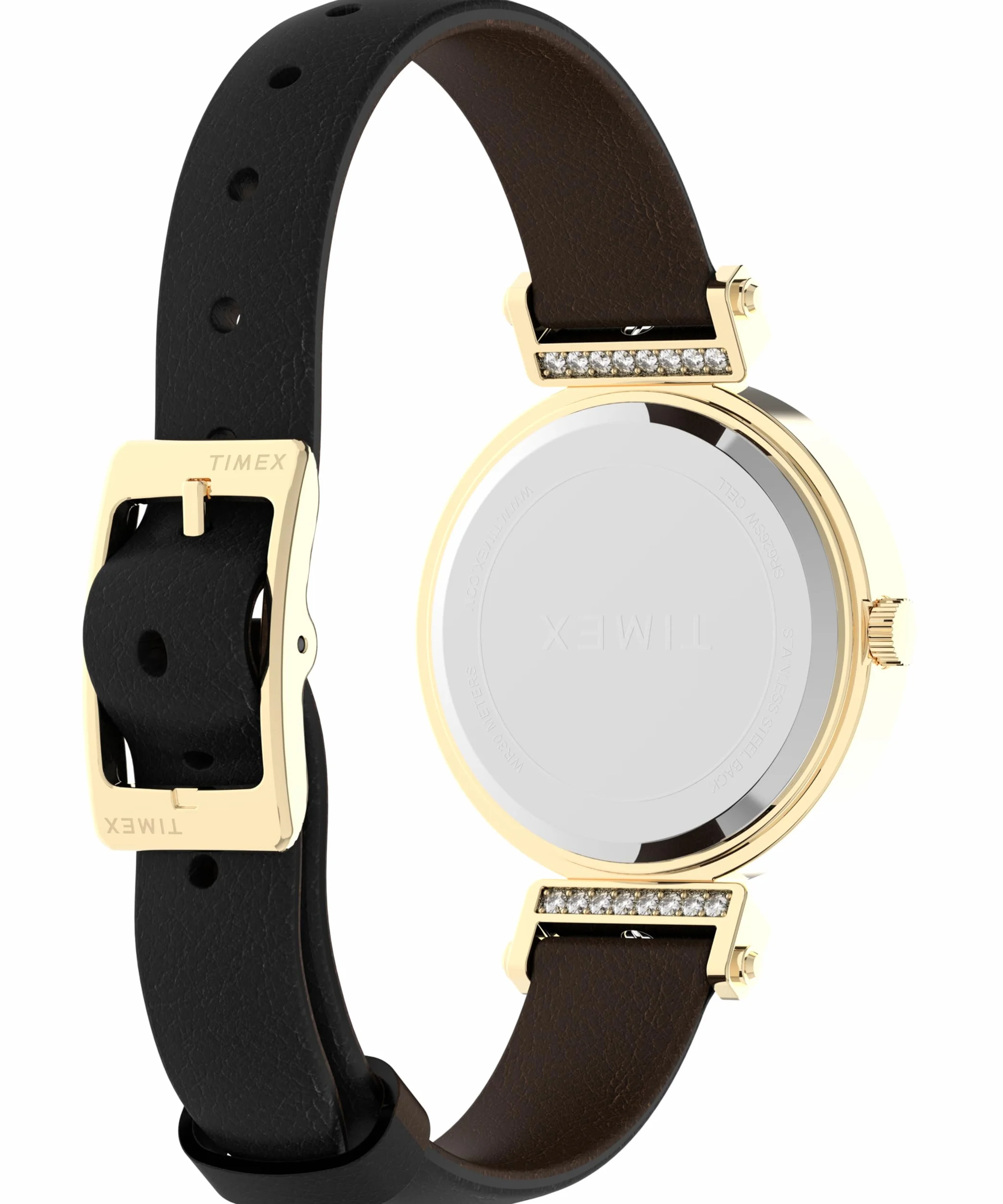 Timex Zegarek Damski Main Street 31 mm, Czarny Skórzany Pasek, Srebrna Tarcza, Złota Obudowa TW2W96400