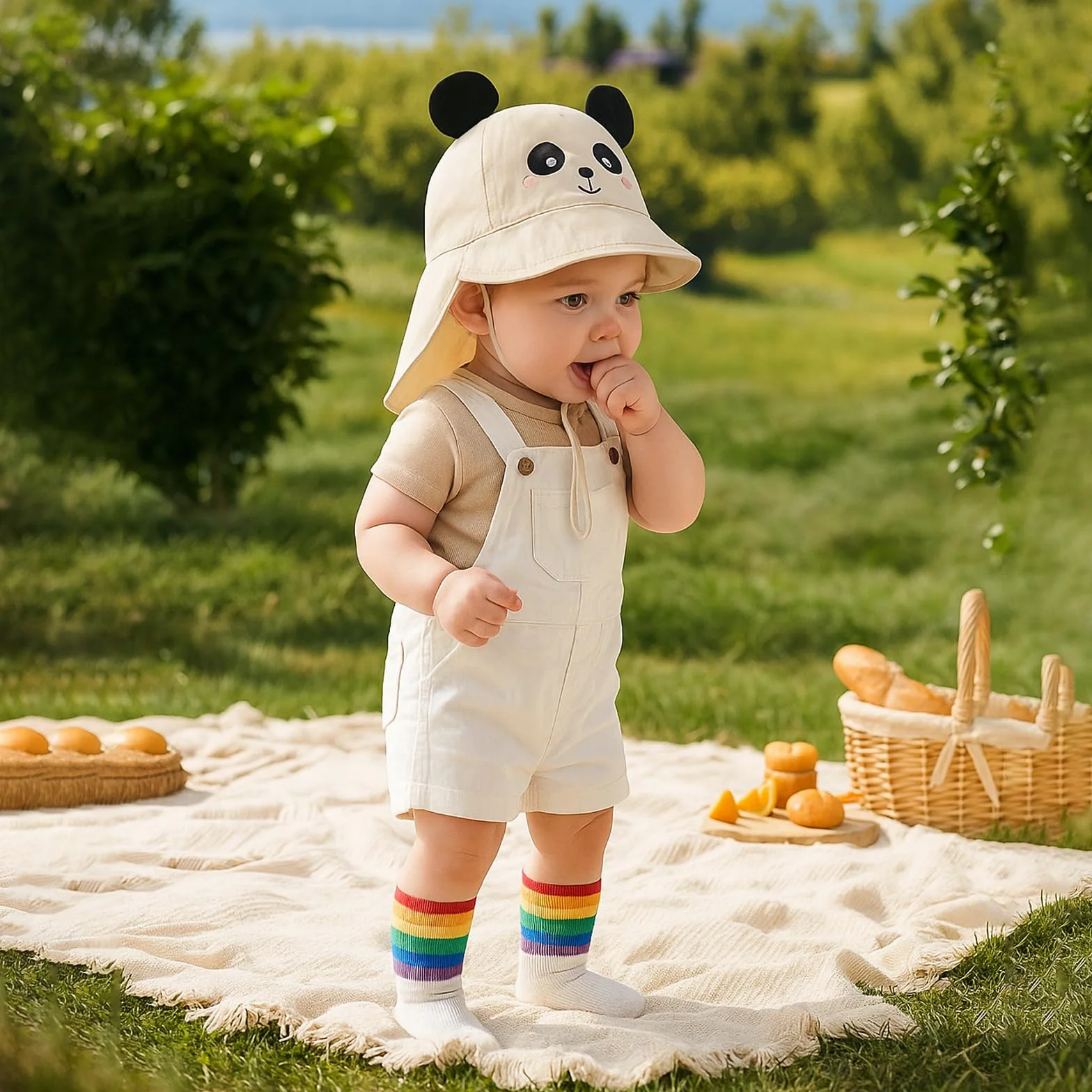 AYNKH Bebe Muslin Peaked Cap, kapelusz przeciwsłoneczny z ochroną szyi i uszu, ochrona UV (UPF 50+) Czapka unisex dla niemowląt i niemowląt, obwód głowy 38-46 cm (Panda)