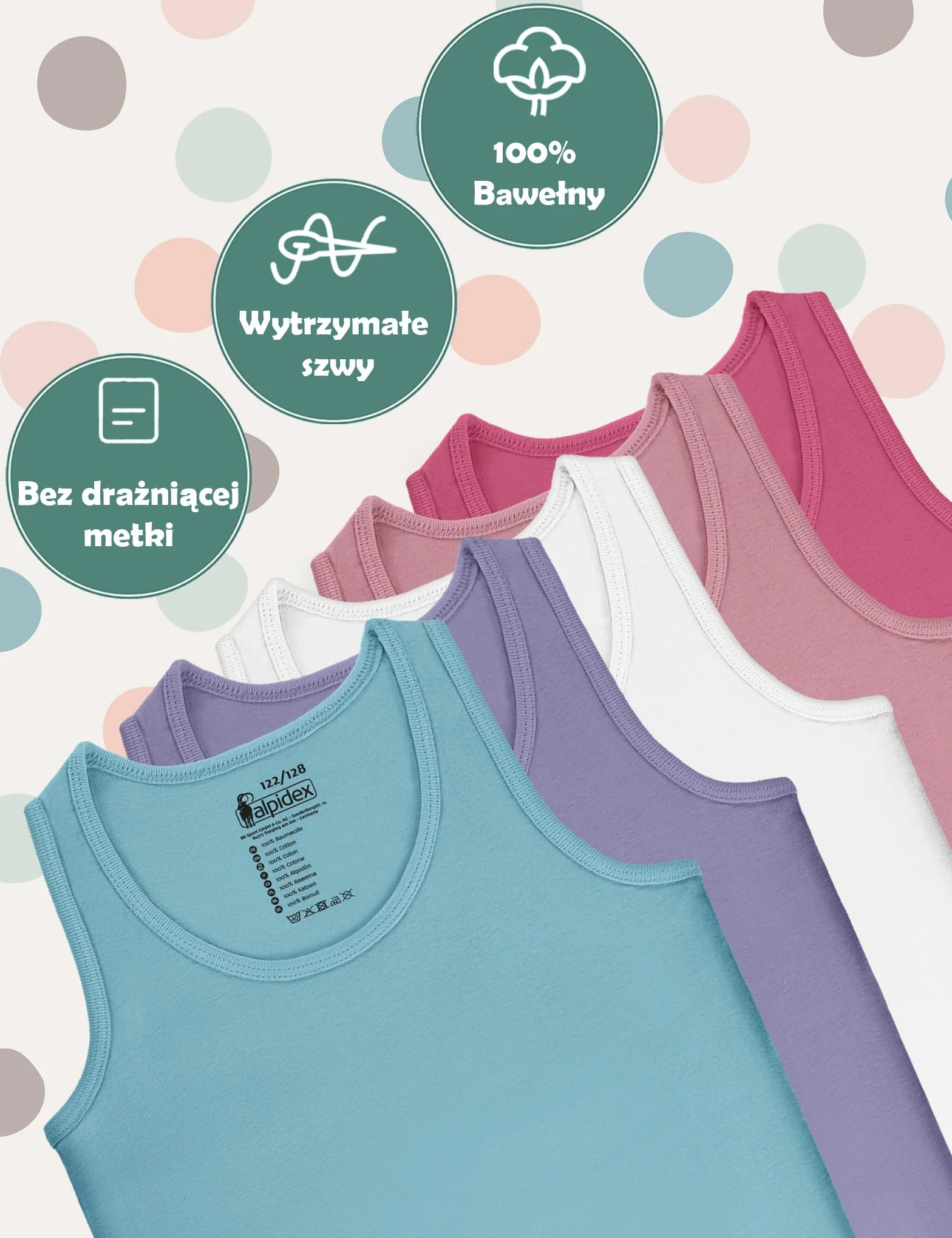 ALPIDEX 5 Sztuk Podkoszulki Bielizna Dziewczynki Zestaw 100% Bawełna Podkoszulek Kamizelek Bez Rękawów Jednokolorowe Podkoszulki Dzieci