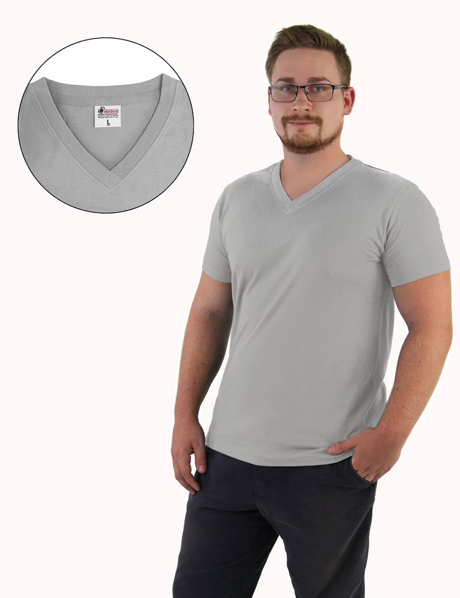 ALPIDEX T-shirt Koszulki Męskie Zestaw Set 5 Sztuk Dekolt V 100% Bawełna Jednokolorowe Krótki Rękaw S M L XL XXL 3XL 4XL 5XL
