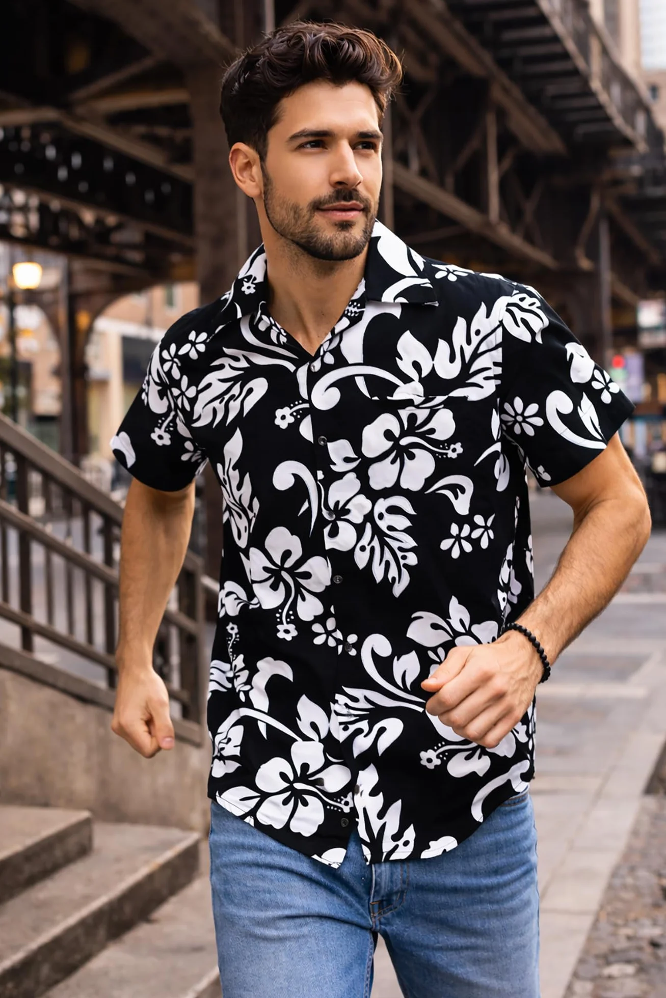 King Kameha Koszula hawajska męska Funky Casual kołnierz, kieszeń na piersi, uniseks, krótki rękaw, hibiskus, czarny i biały, 4XL