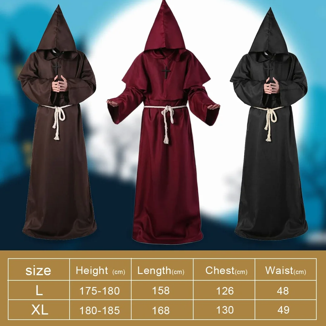 Wishstar Dekoracja na Halloween, średniowieczny renesans, mnich ze sznurkiem, męski prister z krzyżem na imprezę tematyczną, Halloween, Cosplay, karnawał i karnawał