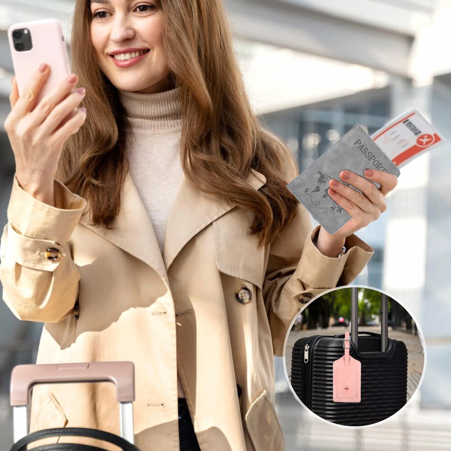 Etui na paszport Holder z zawieszką do walizki, etui na paszport 11 x 15 cm/4,33 x 5,91 cala skóra PU Blokada RFID do dokumentów podróżnych, szary + różowy., 11x15cm/4.33x5.91inch, Klasyczny