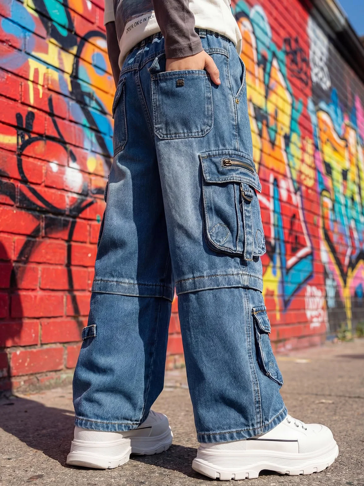 JiAmy Chłopięce spodnie dżinsowe, elastyczny ściągacz, Baggy Jeans chłopięce, szerokie nogawki, Y2k, dziecięce spodnie cargo, bawełna, spodnie dżinsowe dla chłopców i dziewczynek, 120-160 (5-14 lat)