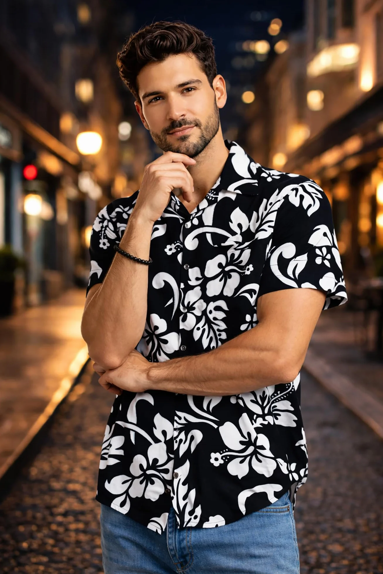King Kameha Koszula hawajska męska Funky Casual kołnierz, kieszeń na piersi, uniseks, krótki rękaw, hibiskus, czarny i biały, 4XL
