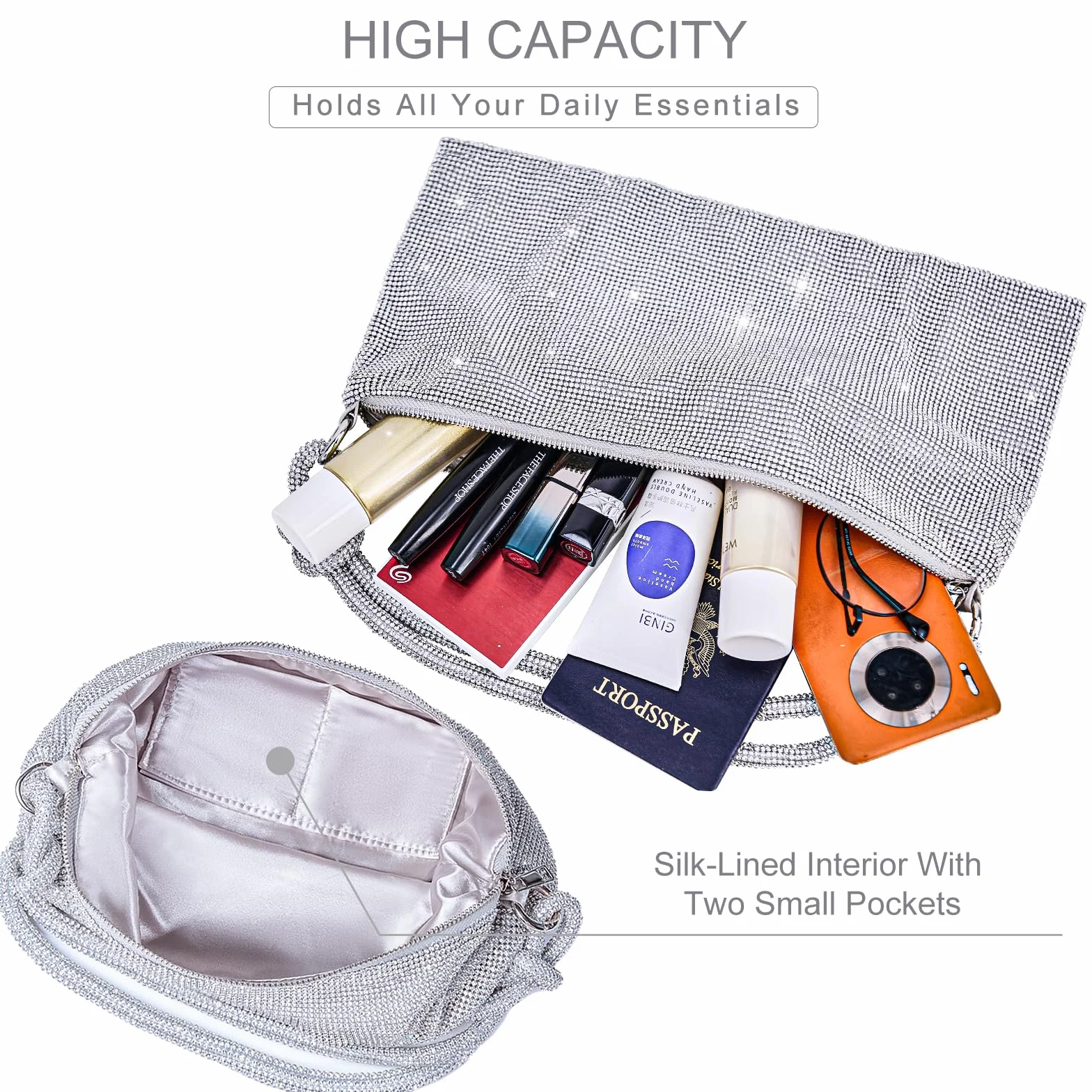 TOPALL Clutch błyszcząca damska srebrna torebka wieczorowa, torebka z diamentami na ramię, srebrna, elegancka z zamkiem błyskawicznym, kamienie strasu, kopertówka, torebka na ramię na imprezę, czas