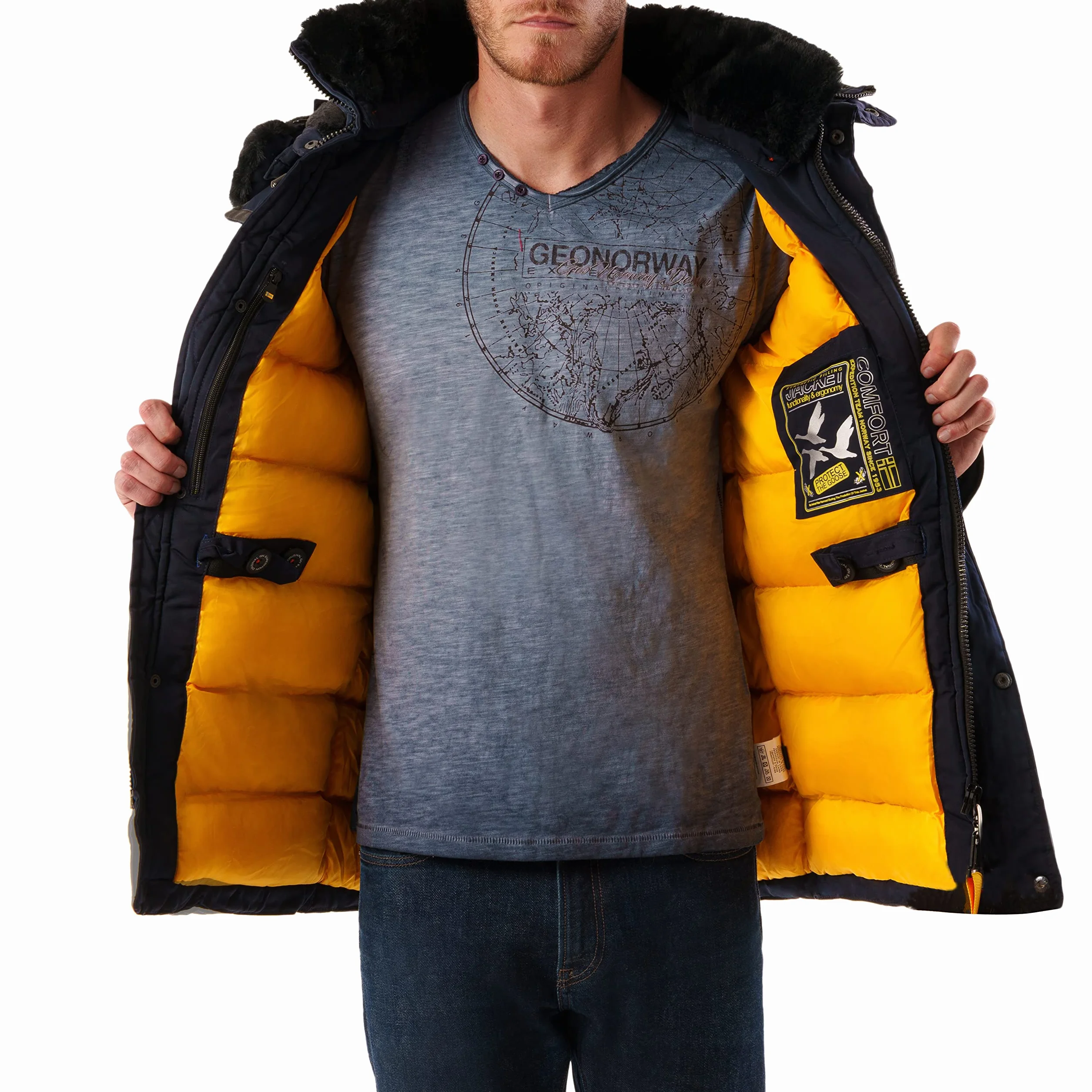 Geographical Norway Acrobate Men ciepła parka dla mężczyzn, na jesień i zimę, szeroki płaszcz, odporny na działanie wody, z kapturem, ciepła kurtka, wiatrówka dla mężczyzn, idealny prezent