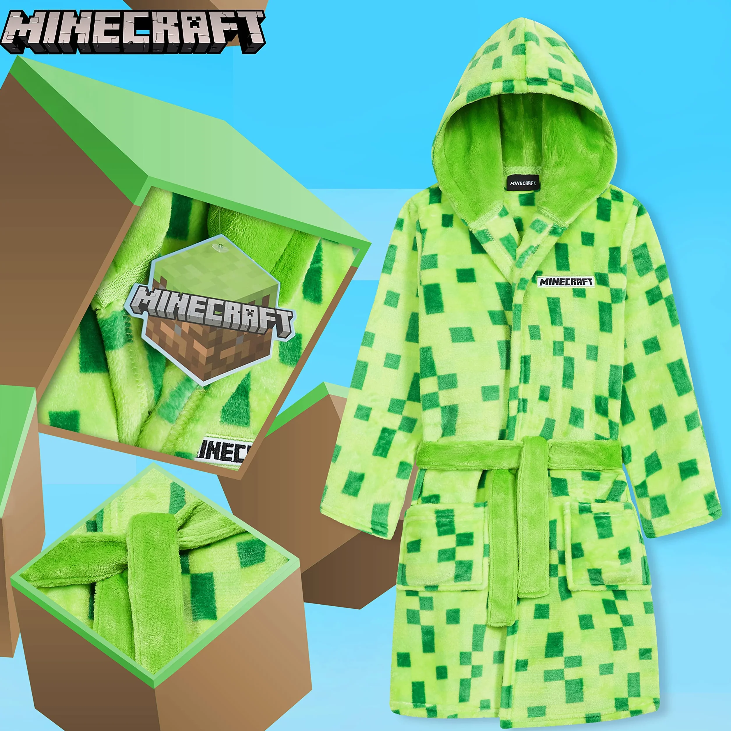 Minecraft Szlafrok dla chłopców, polarowy szlafrok z pikselami dla graczy, 5-14 lat, oficjalny towar, prezenty dla dzieci i nastolatków na urodziny i Boże Narodzenie