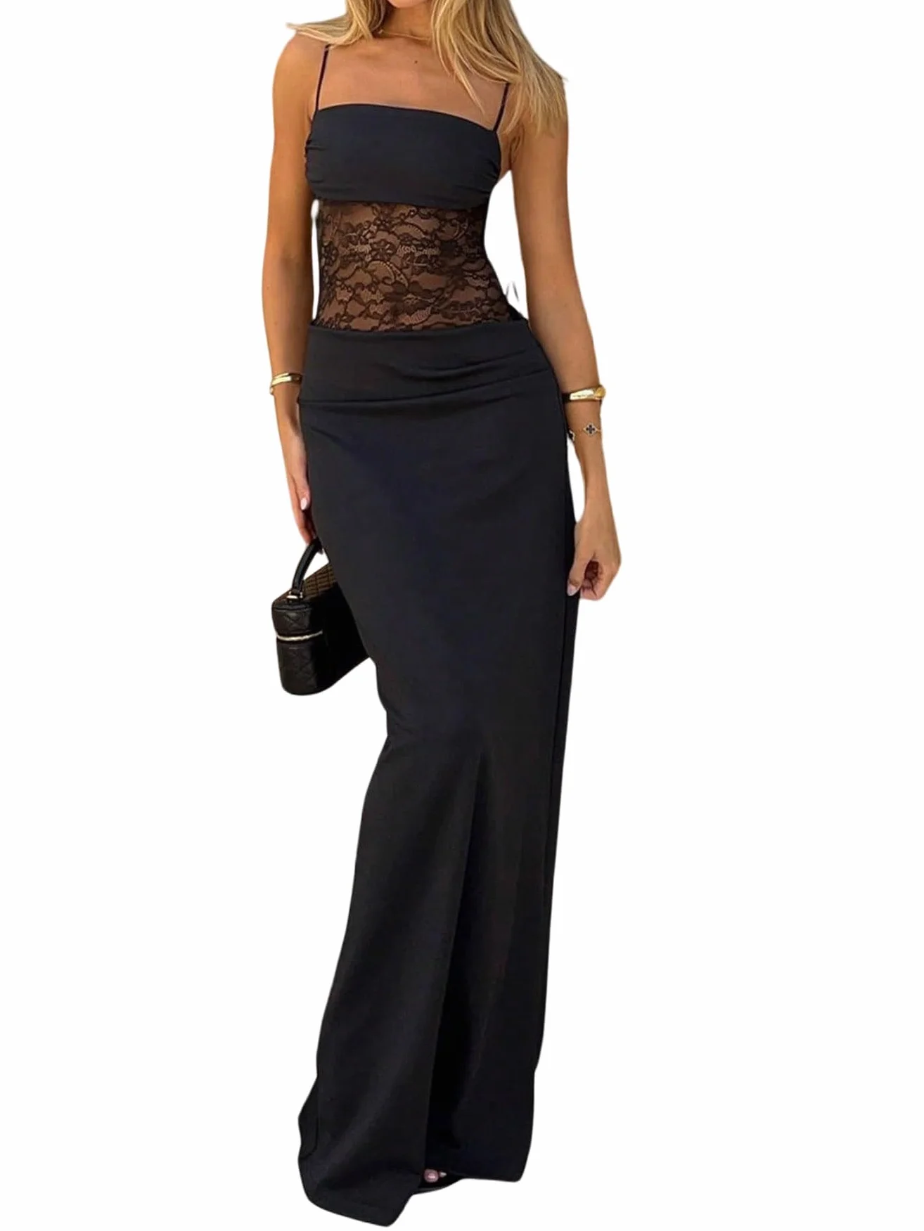 SweatyRocks Sukienka maxi, elegancka, koronkowa, bodycon, sukienka z koronką, sukienka koktajlowa, długa sukienka na ramiączkach, podkreślająca figurę, sukienka imprezowa
