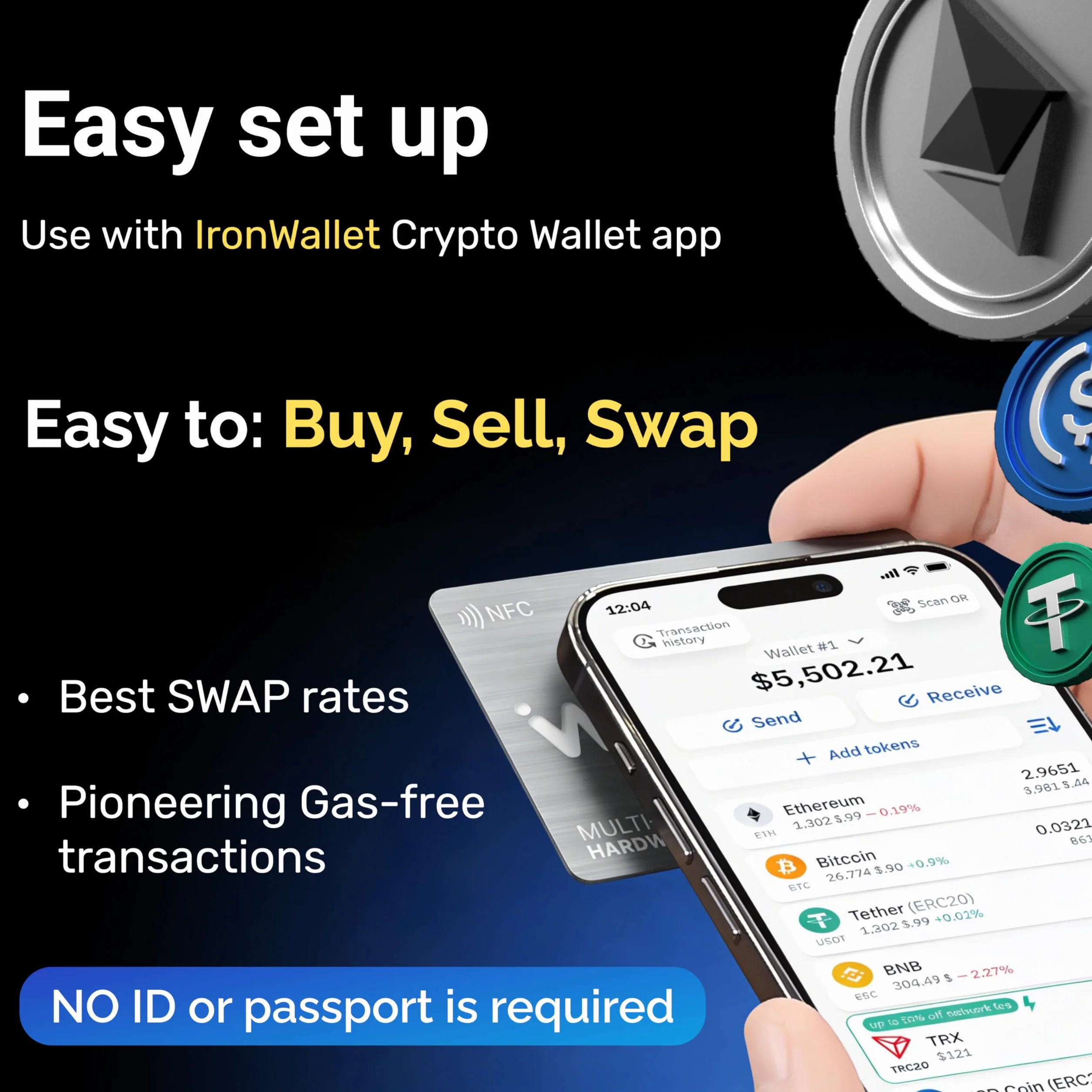 Karta IronWallet NFC - 2 karty - Konstrukcja "szczotkowanego metalu" dla zimnego portfela kryptowalutowego - Przechowywanie Bitcoinów, Ethereum i nie tylko - Bezpieczny sprzętowy portfel offline