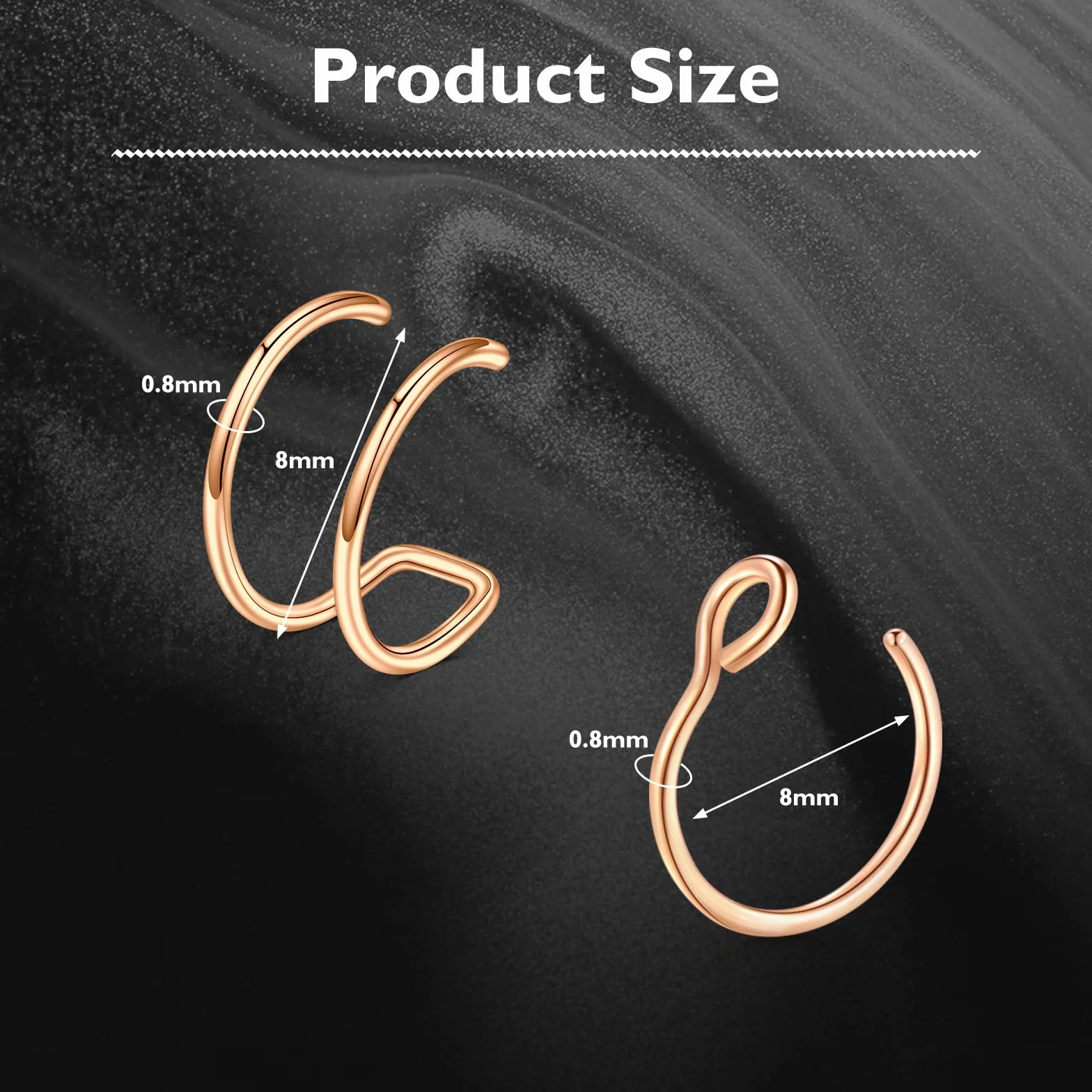 LAURITAMI 6 sztuk fałszywych piercingów 20 g, ze stali nierdzewnej, sztuczne kolczyki do nosa, warg, ucha, nosa, zestaw bez klipsów do nosa, 8 mm