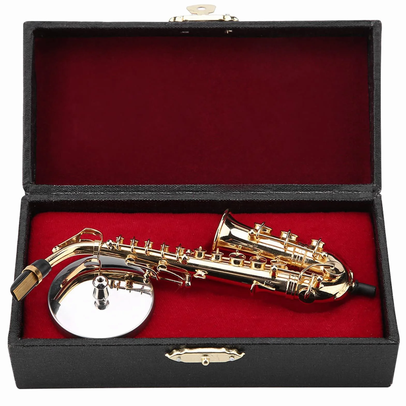 14 cm miniaturowa replika saksofonu altowego z pozłacanym stojakiem, etui i ornamentem mini instrument muzyczny model do dekoracji wnętrz figurka model