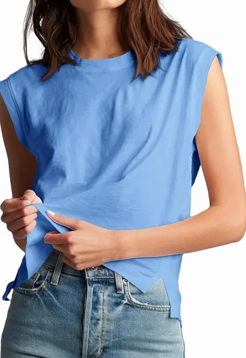 Fisoew Damska koszulka bez rękawów, tank top, na lato, okrągły dekolt, jednokolorowa koszulka basic