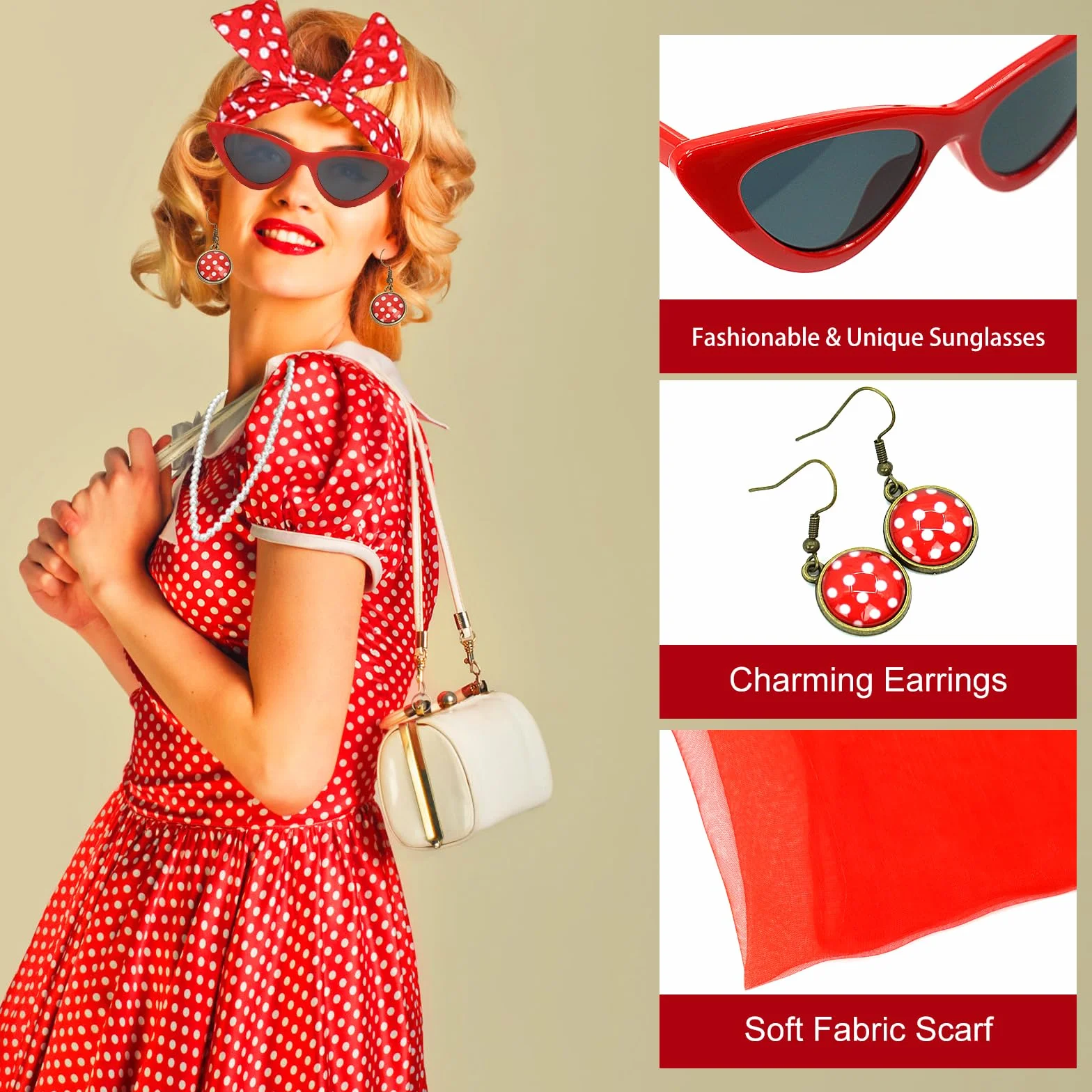 Akcesoria damskie w stylu lat 50., 8 sztuk, rockabilly, akcesoria damskie na karnawał, lata 50., zestaw kostiumowy z szyfonem, szalem, rękawiczkami, okularami, w kropki, bandana, kolczyki,
