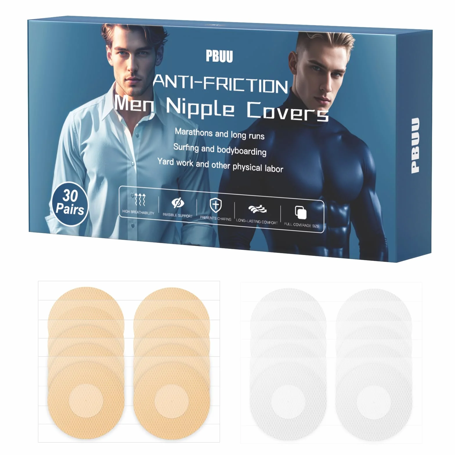 Nipple Covers Men, 60Pcs(30 Pairs) Running Nipple Guards for Men, No Show Nipple Tape Nip Plasters for Runners, Ideal for Marathon, Gym, Formal Wear, Surfing & Cycling