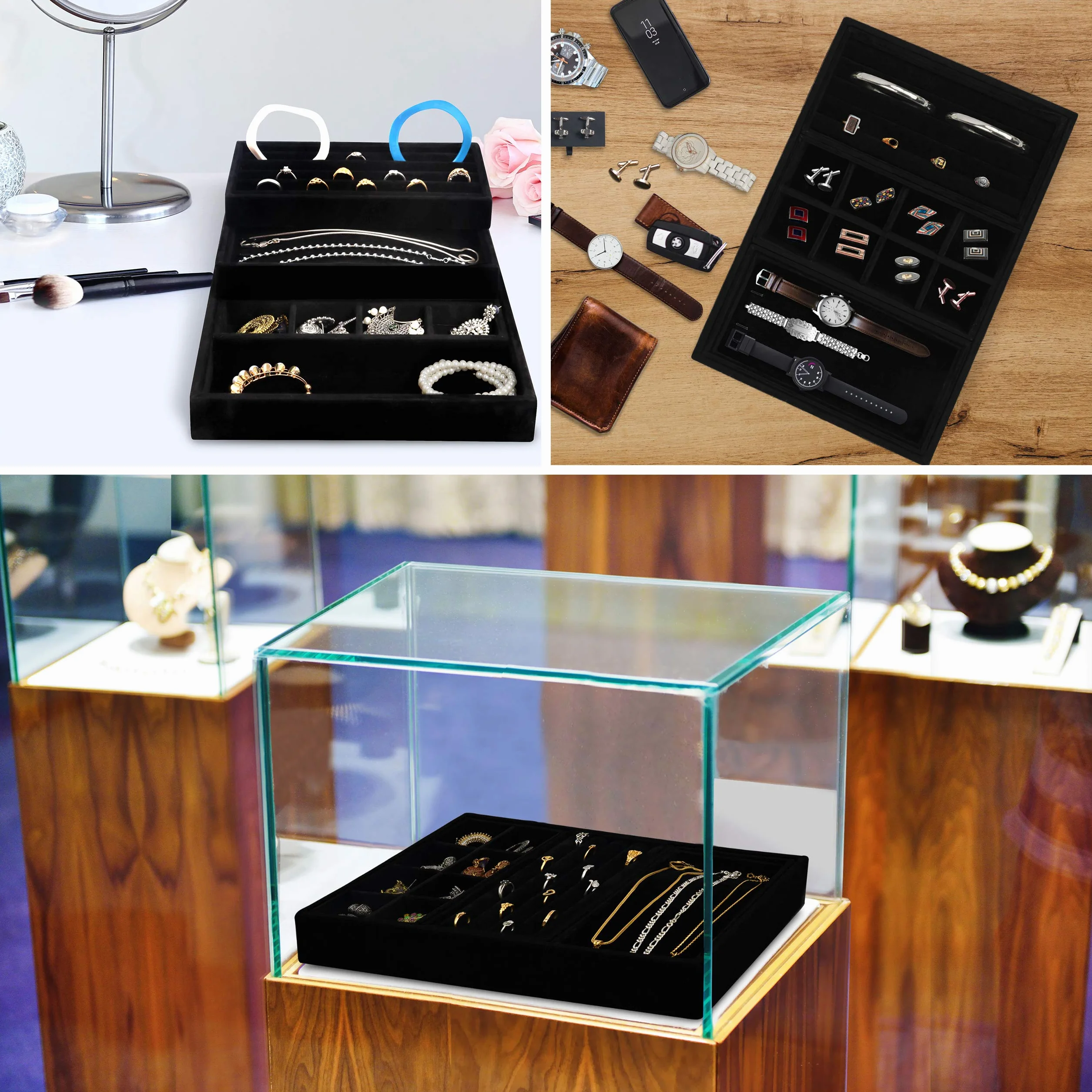 Belle Vous Czarne Aksamitne Tacki Organizery na Biżuterię (4 Sztuki) - 35,3 x 24,2 cm - Pudełka do Prezentacji - Ruchome Sekcje na Naszyjniki, Pierścionki, Bransoletki i Kolczyki
