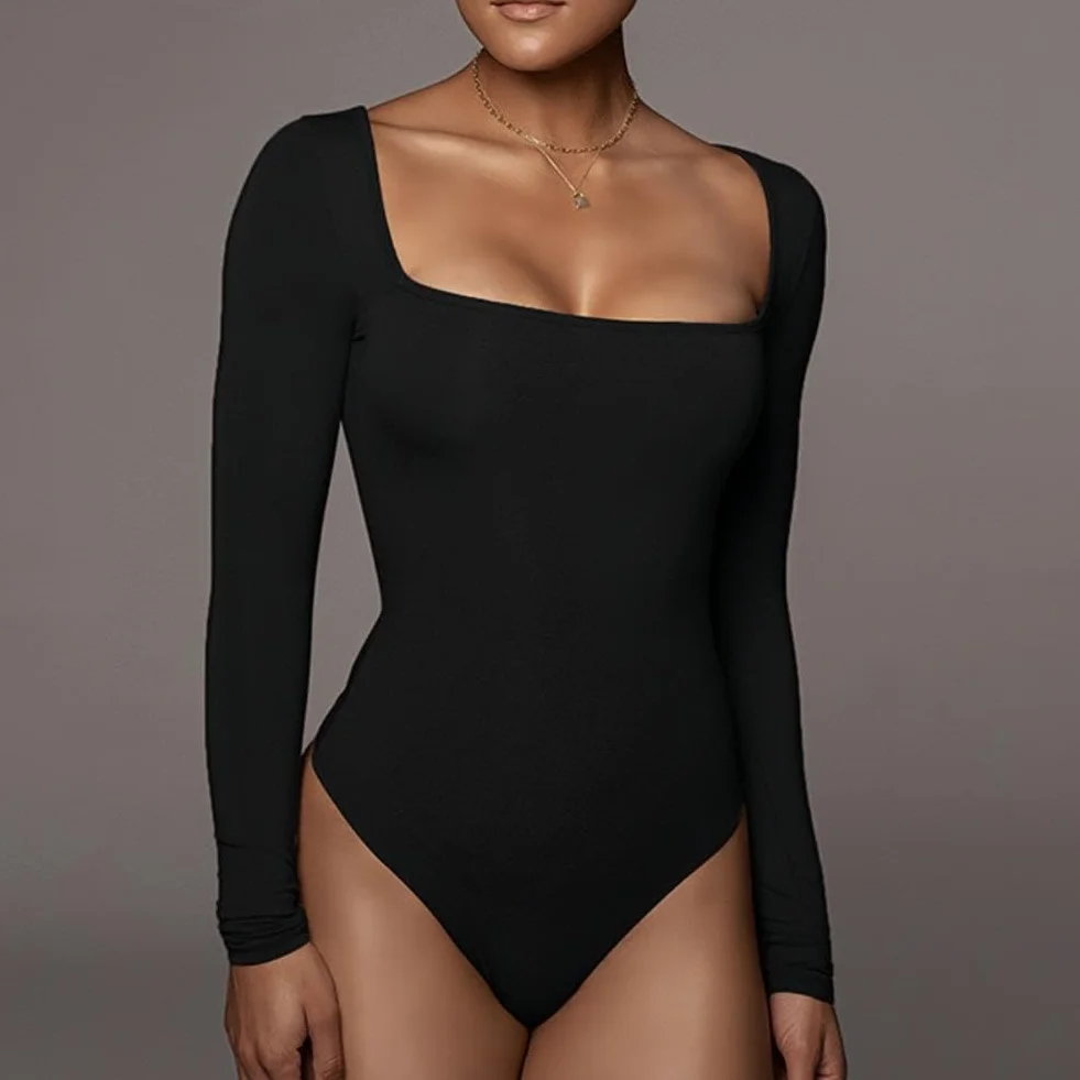 Body damskie z długim rękawem bodysuit z kwadratowym dekoltem seksowne body damskie z długim rękawem eleganckie eleganckie topy miękkie jednolity kolor casualowa rozciągliwa koszulka