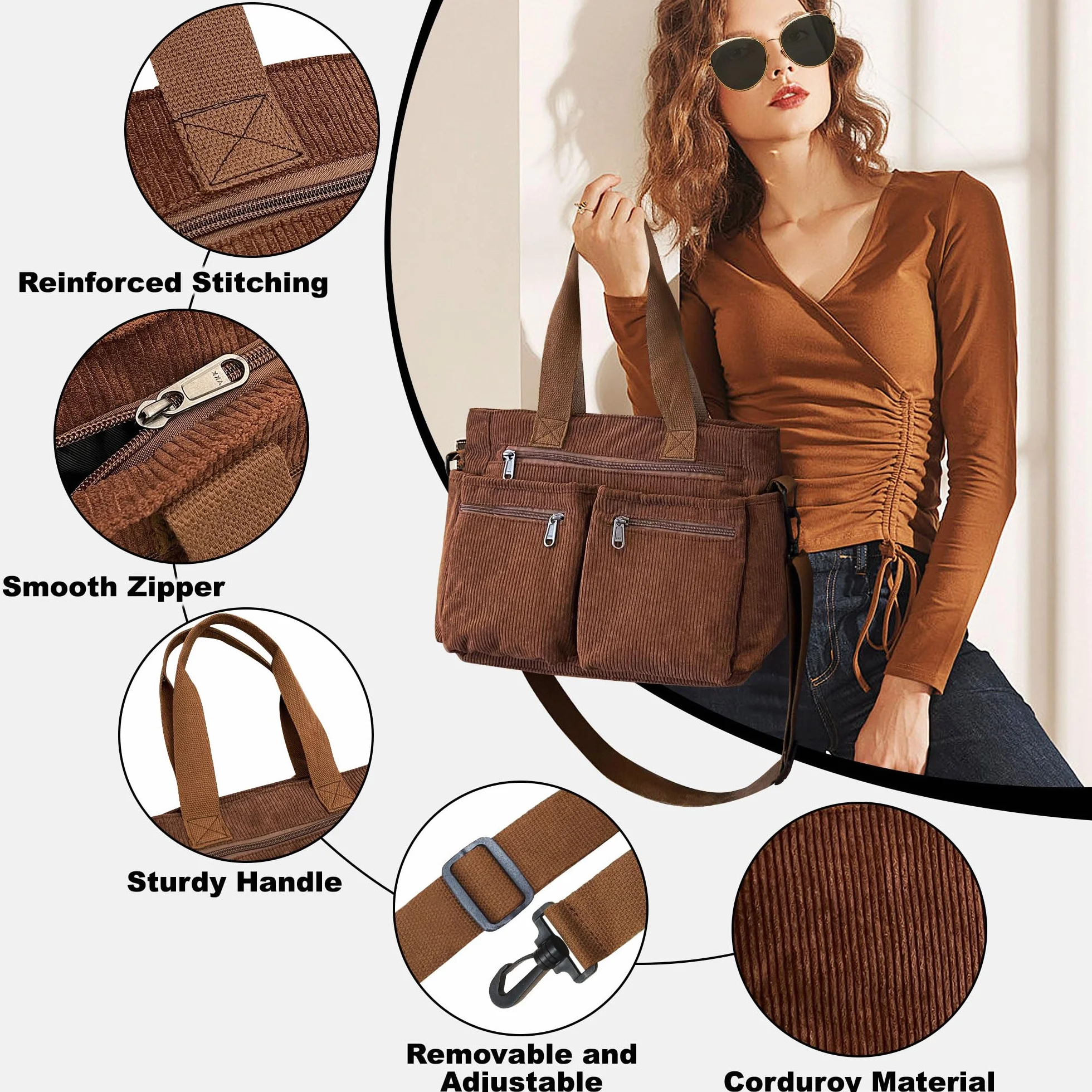 Torba na ramię damska torba na ramię damska duża torba na uniwersytet damska sztruksowa torba na ramię damska elegancka torba na ramię z regulowanym paskiem na ramię do pracy do szkoły na