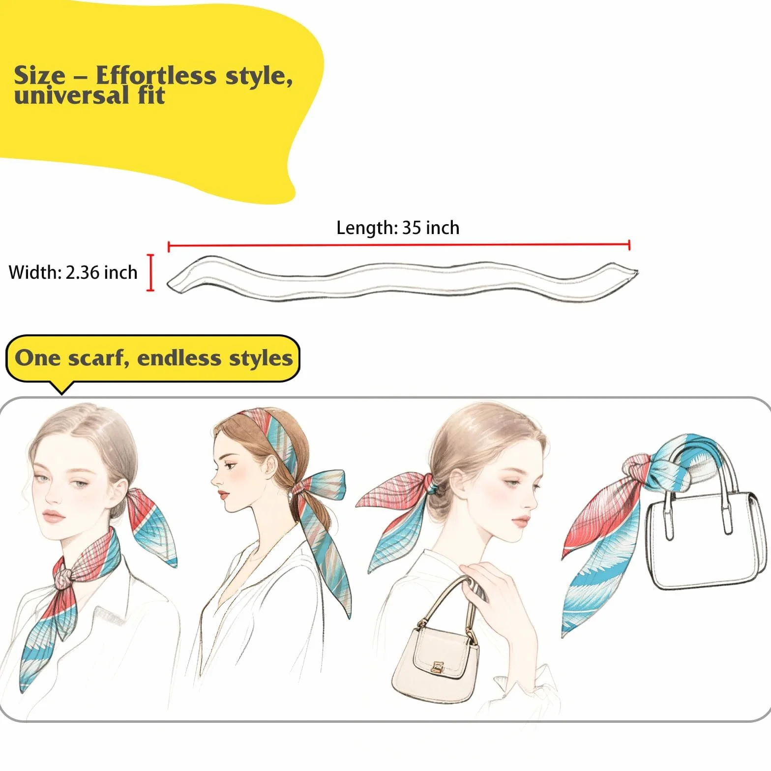 4 szt. szalik damski, bandana do włosów dla kobiet, satynowa chustka, chusta na głowę, wiązanie szyi lub głowy, stylowe akcesoria modowe, styl boho, prezenty dla kobiet (89 x 6 cm)