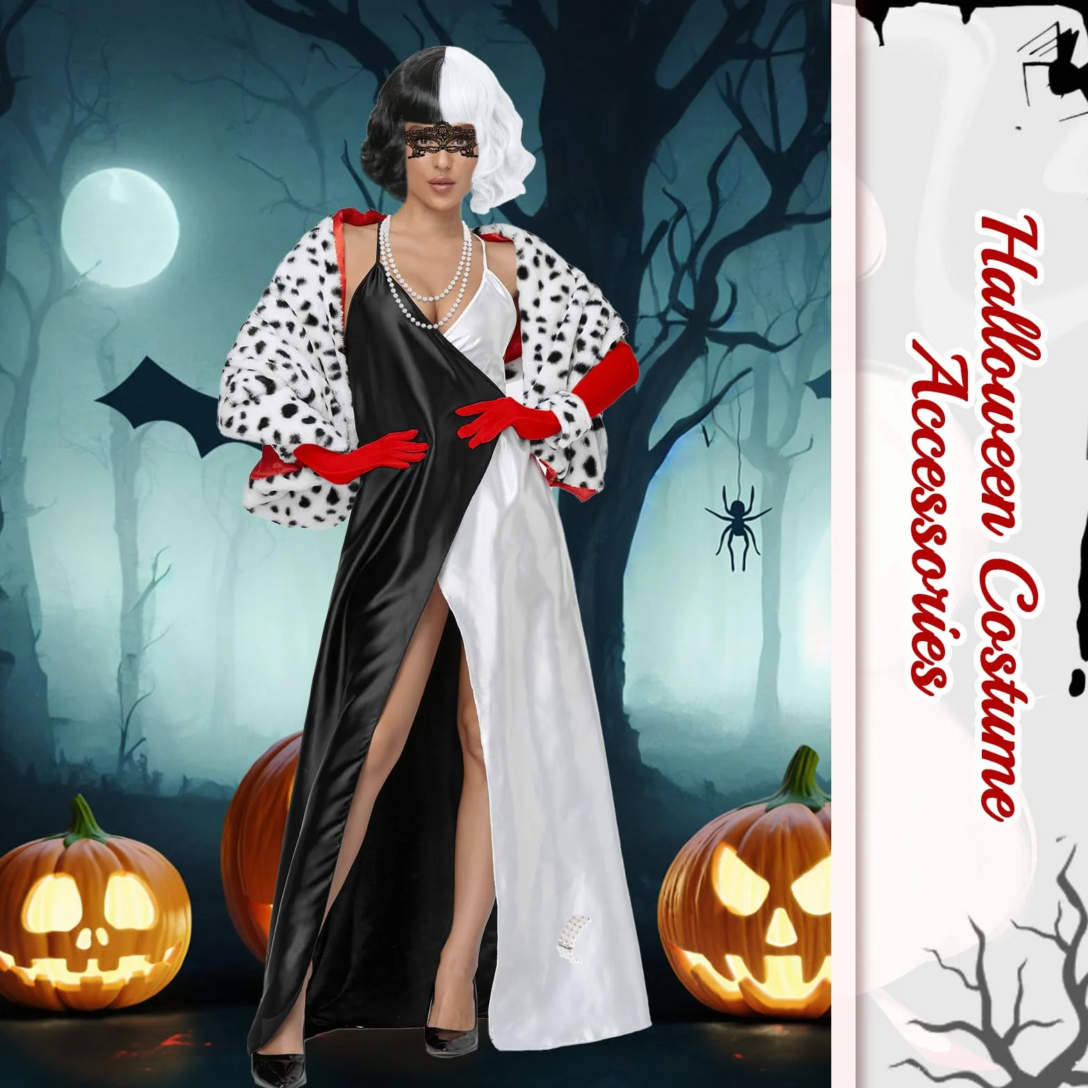 9 sztuk Cruella Zestaw cosplay dla kobiet, czarna i biała peruka, diabelski strój z peruką, maską, perłami, bransoletkami, rękawiczkami, szalikiem, papierosem i siatkowymi rajstopami na karnawał
