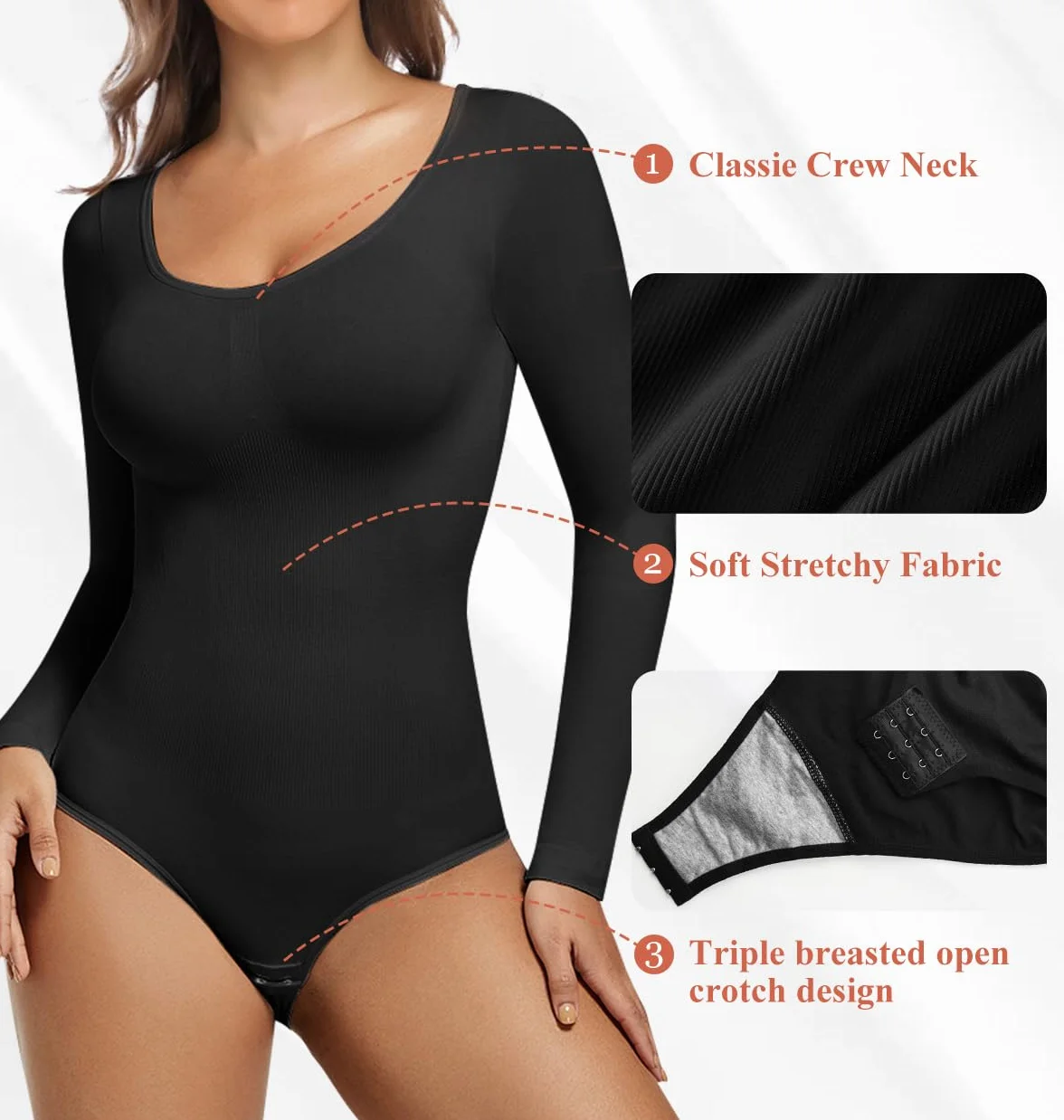 SHEKINI Body damskie z długim rękawem, okrągły dekolt, eleganckie, żeberkowe, wyszczuplające brzuch, modelujące sylwetkę