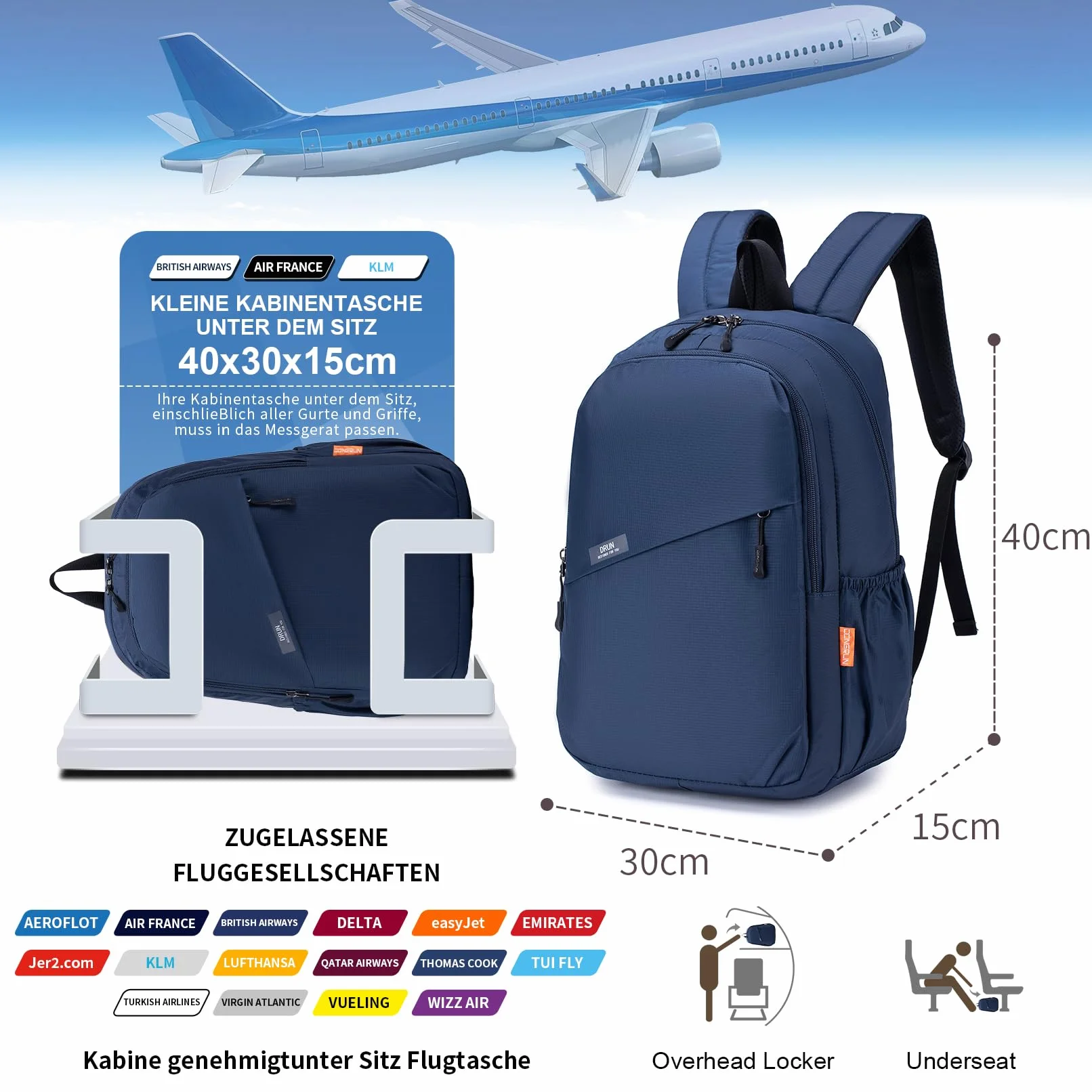 40 x 30 x 15 cm plecak podróżny pod siedzeniem torba kabinowa bagaż British Airways Wizzair lekki wodoodporny nylonowy plecak podróżny, rozmiar kabinowy do samolotu, bagaż podręczny z