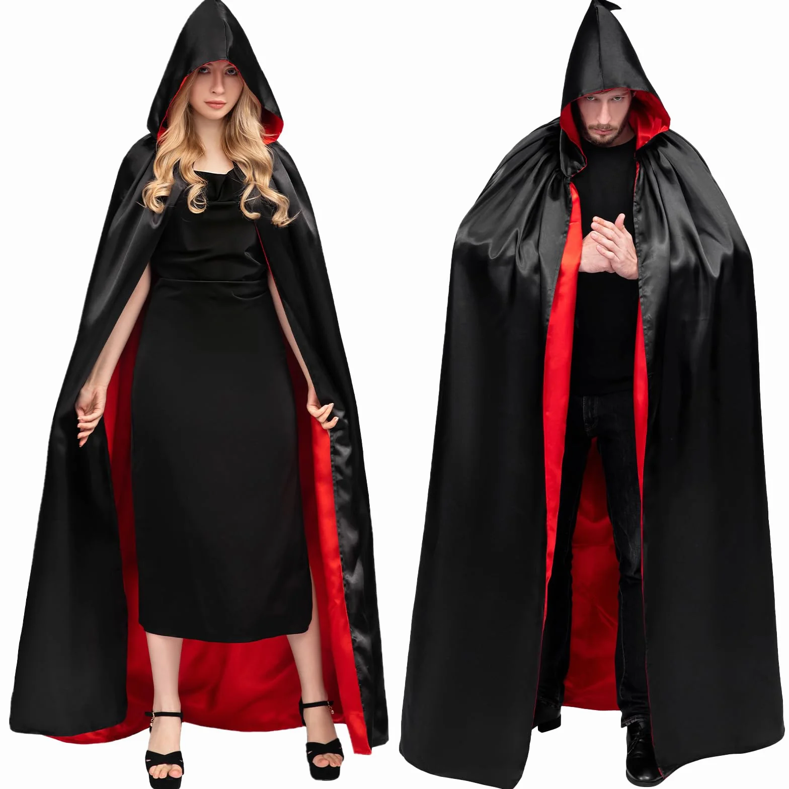Myir JUN Czarno-czerwona peleryna dla dorosłych dzieci, uniseks, płaszcz z kapturem, kostium na Halloween, satyna, czarownice, wampiry, płaszcz, fantazyjne przebranie dla dzieci (L)